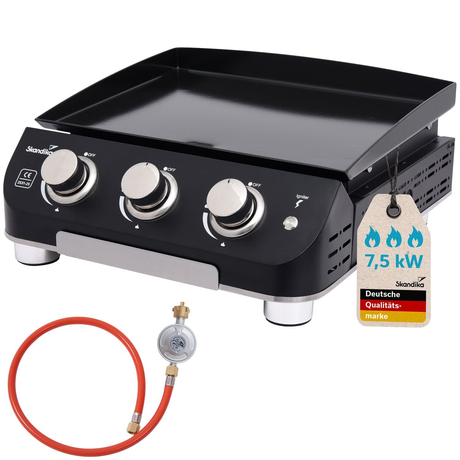 Skandika Camping-Gasgrill 3-Brenner Gasplancha Palo, Balkongrill, Tischgrill, Grillplancha, Zündung: elektrische Pulszündung, Höhenverstellbare Füße, 3 Brenner, Abtropfschale, transportabler Gasgrill mit Kochplatte