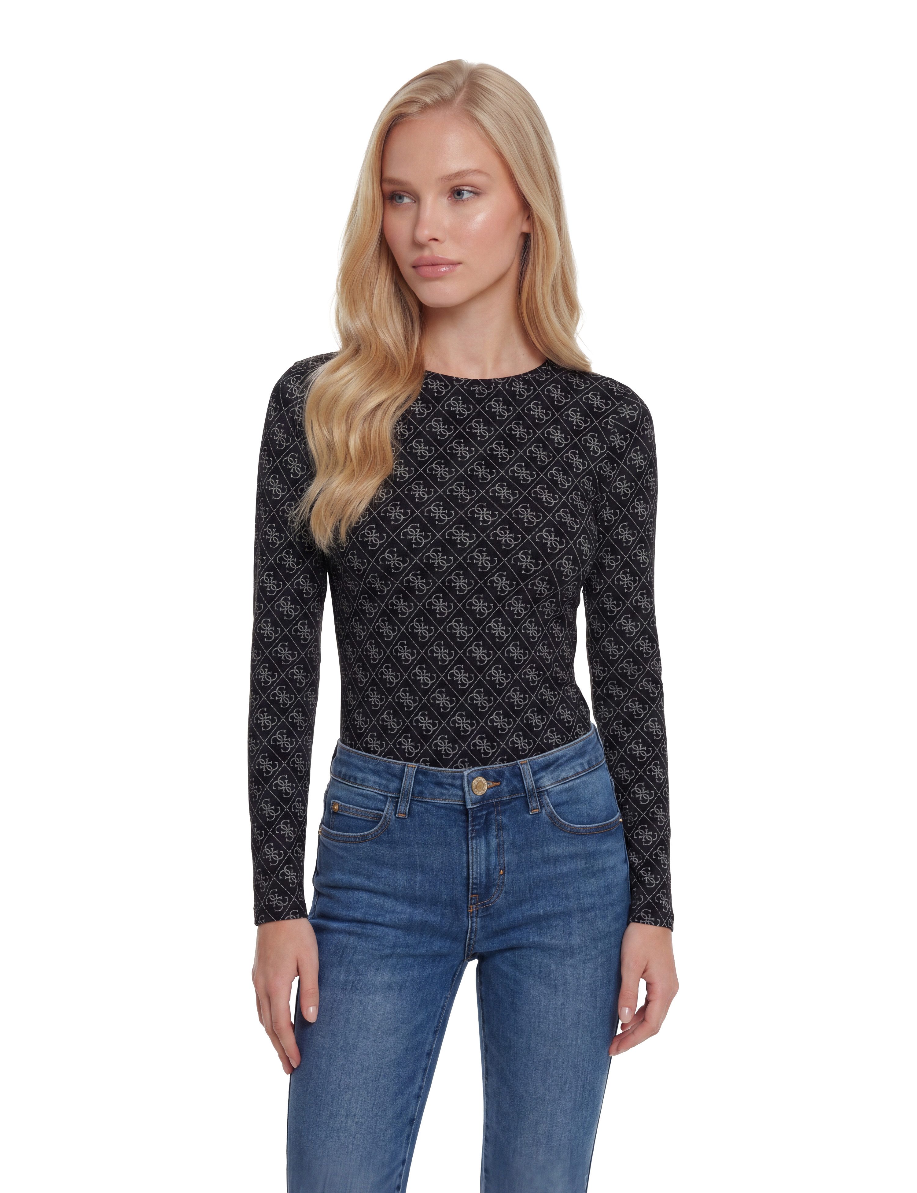 Guess Langarmshirt LS BOAT NK TEODORA 4G ALLOVER in weicher Viskosequalität mit Stretch-Anteil