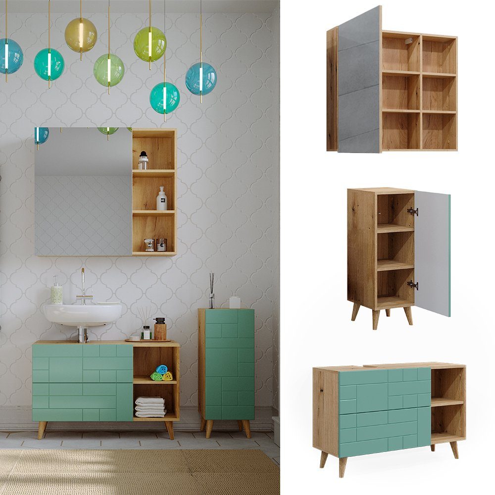 Vicco Badmöbel-Set Rudi, Mintgrün/Eiche, 3 Teile, günstig online kaufen