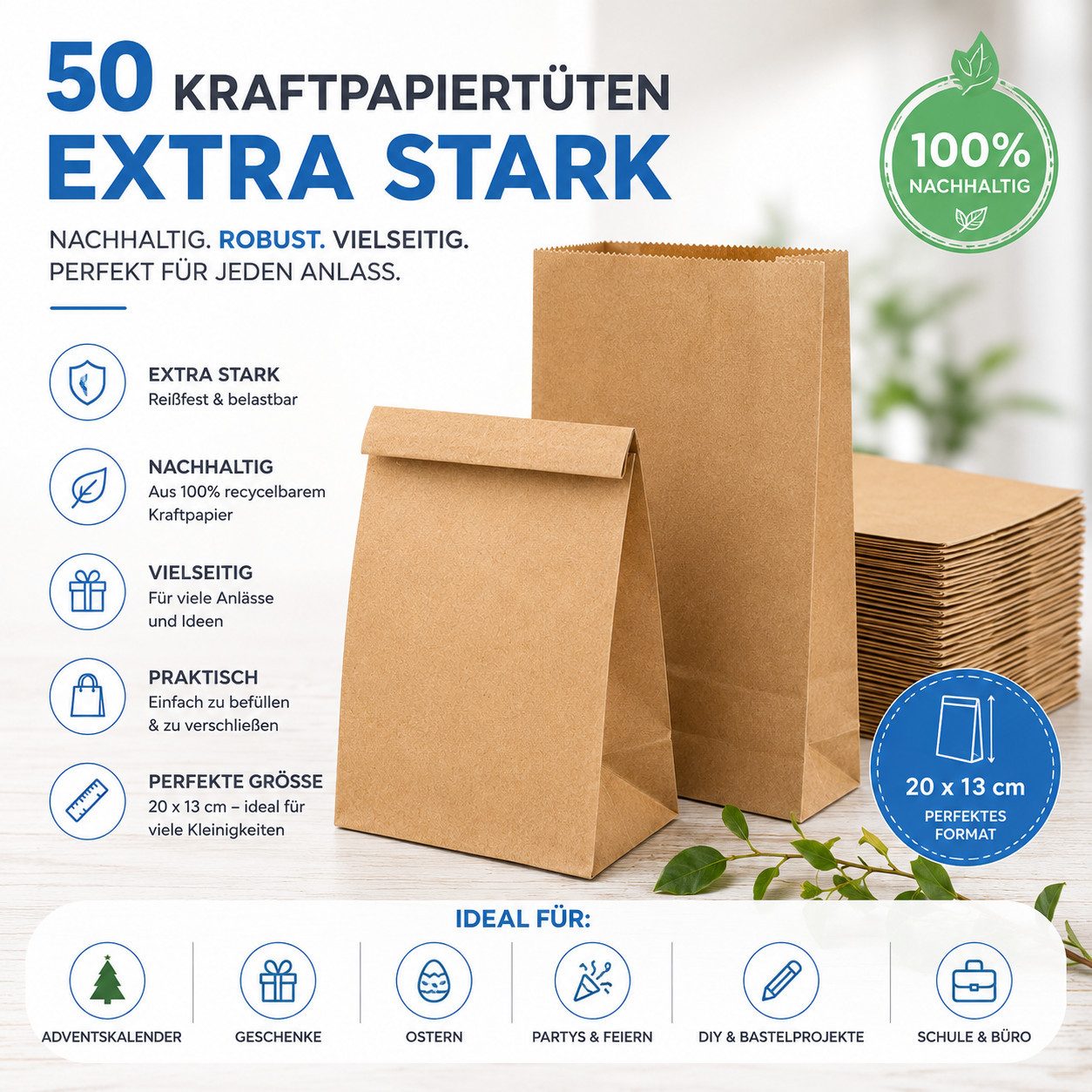 Bastelfreund® DIY-Adventskalender 50x Braune Kraftpapiertüten 210x140 mm Beutel Müllsack Biomülleimer (50er Set, 50-tlg)