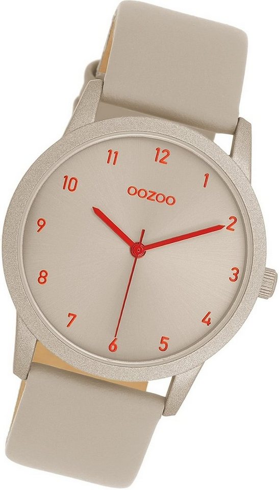 OOZOO Quarzuhr Oozoo Damen Armbanduhr Timepieces, Damenuhr Lederarmband  taupe, grau, rundes Gehäuse, mittel (ca. 38mm)