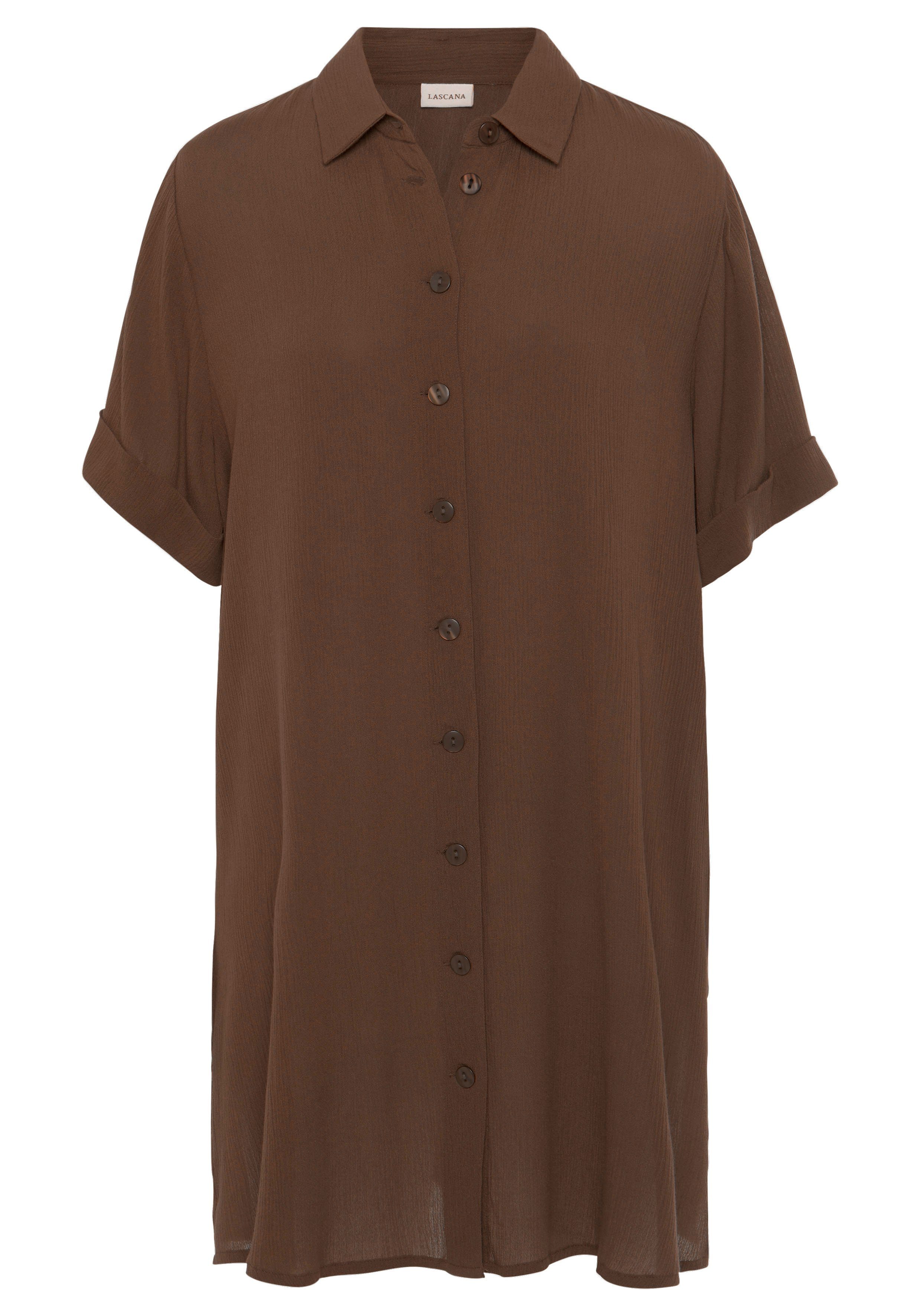 LASCANA Longbluse mit Knopfleiste, Kurzarmbluse, braun Blusenkleid, sommerlich