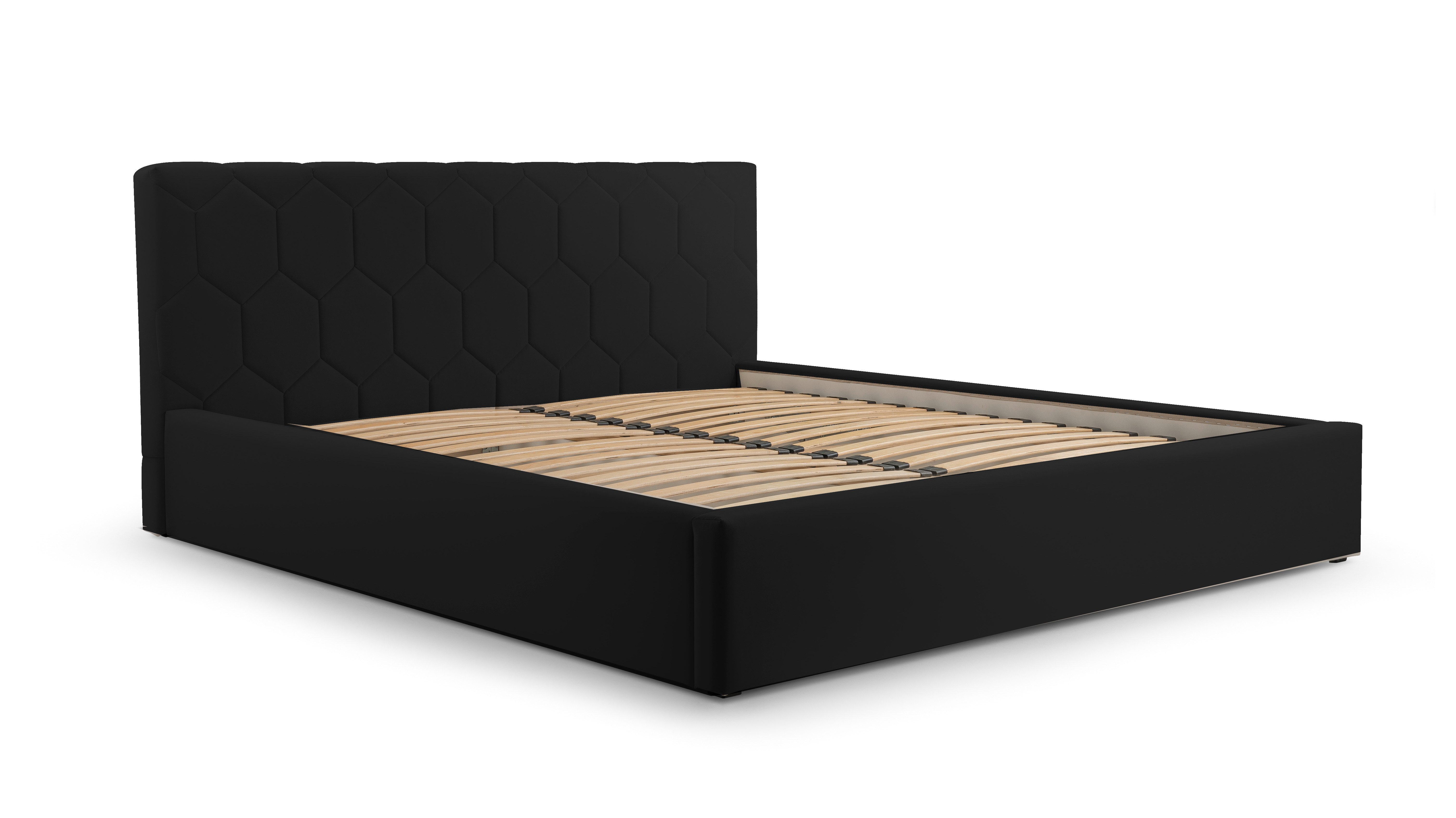 MOEBLO Polsterbett Bett 02 (Double Doppelbett mit Kopfstütze, Rahmenbettgestell, mit Bettkasten und Lattenrost), gepolstertes Kopfteil