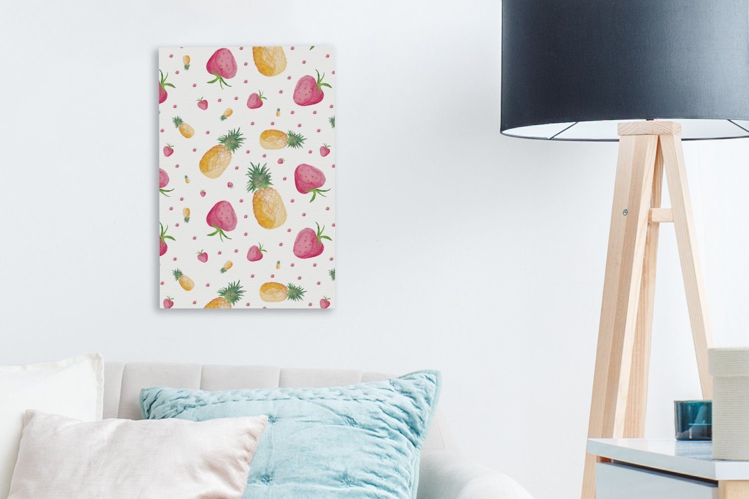OneMillionCanvasses® Leinwandbild bespannt - (1 inkl. Zackenaufhänger, fertig cm Aquarell, Gemälde, Leinwandbild Ananas - St), 20x30 Erdbeeren