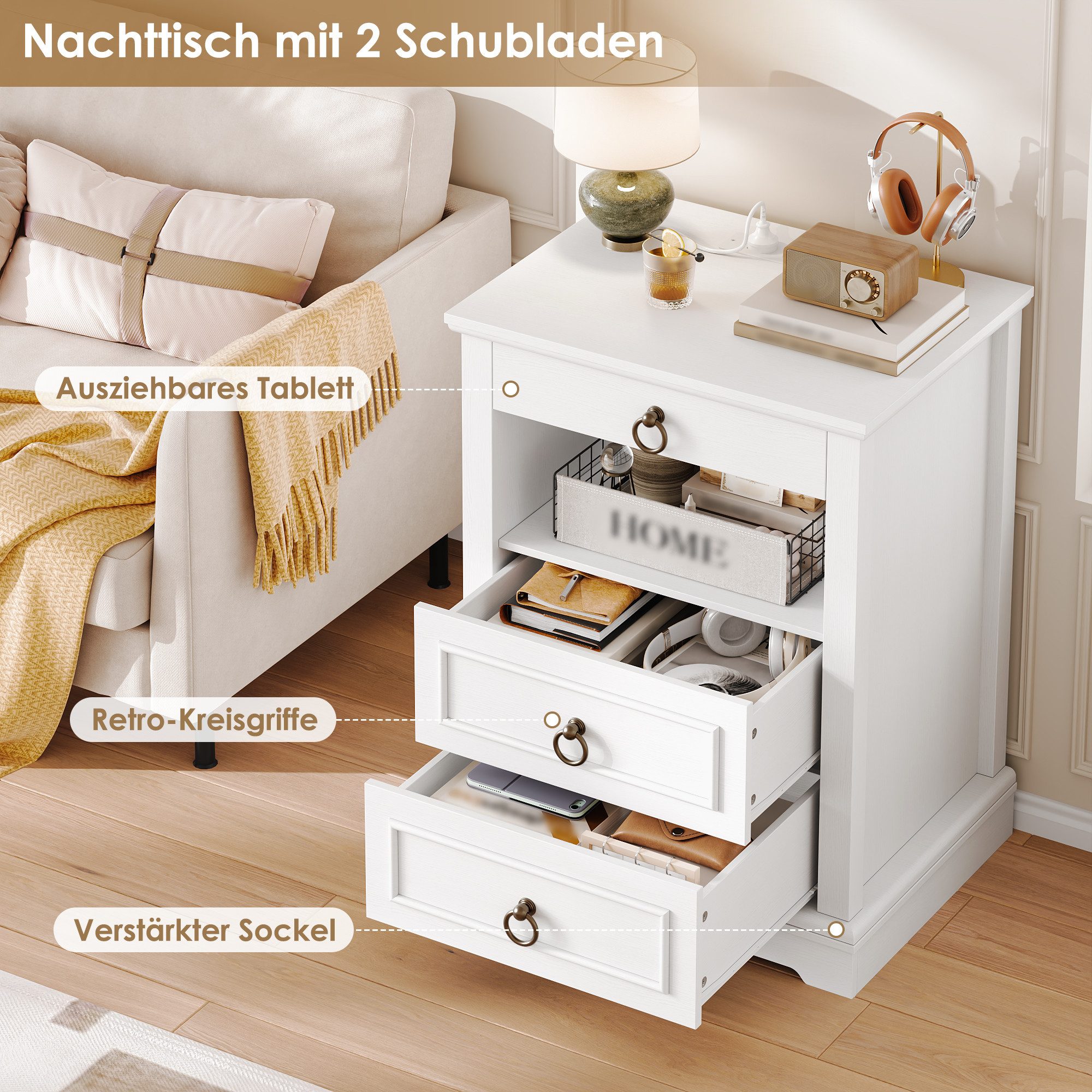 HOMECHO Nachttisch, mit LED, Steckdose & 3 Schubladen 1 Piece or 2 set, Weiß/Schwarz