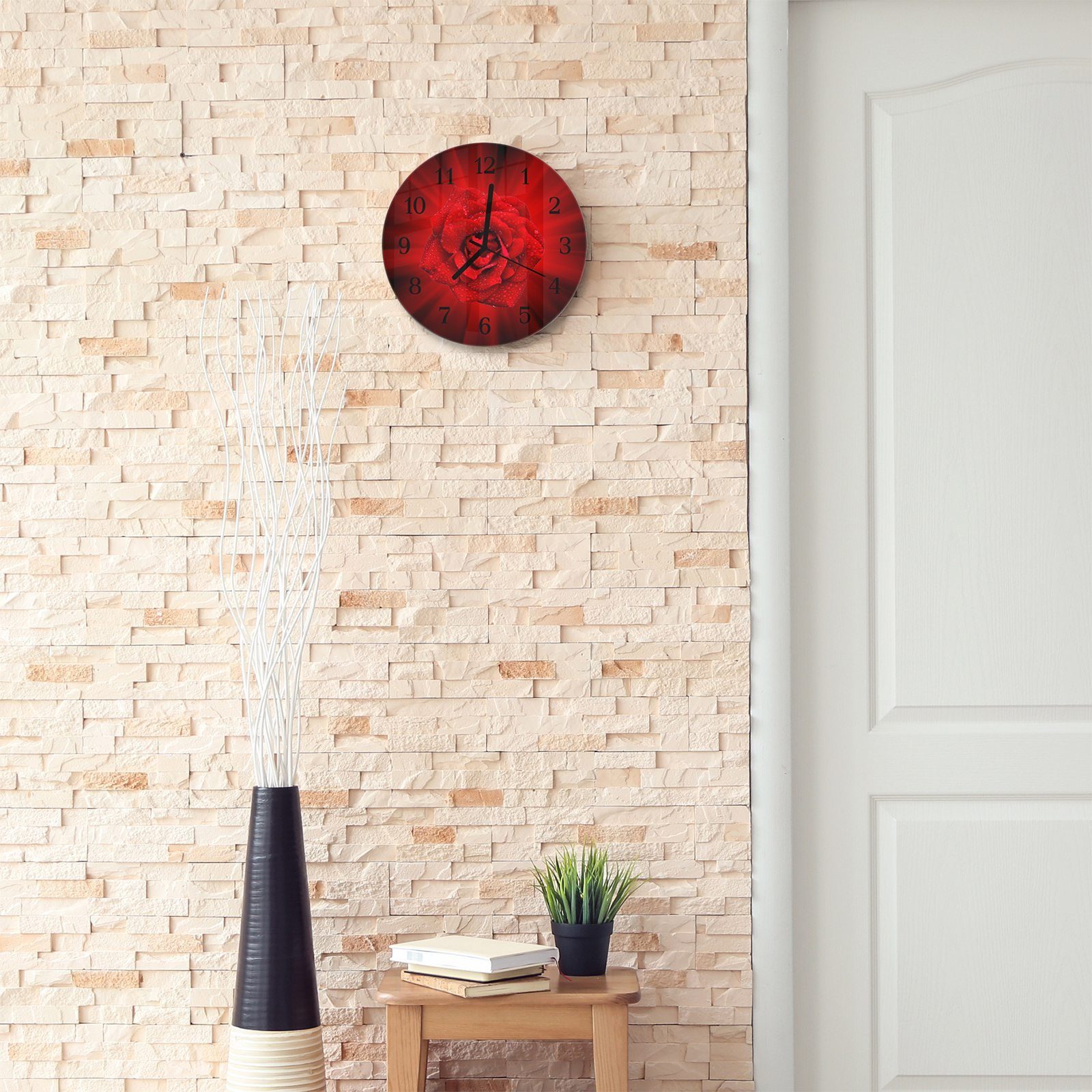 Rote und Quarzuhrwerk Glas - Wanduhr Primedeco 30 mit mit Rose Motiv mit Durchmesser Strahlen cm Rund Wanduhr aus