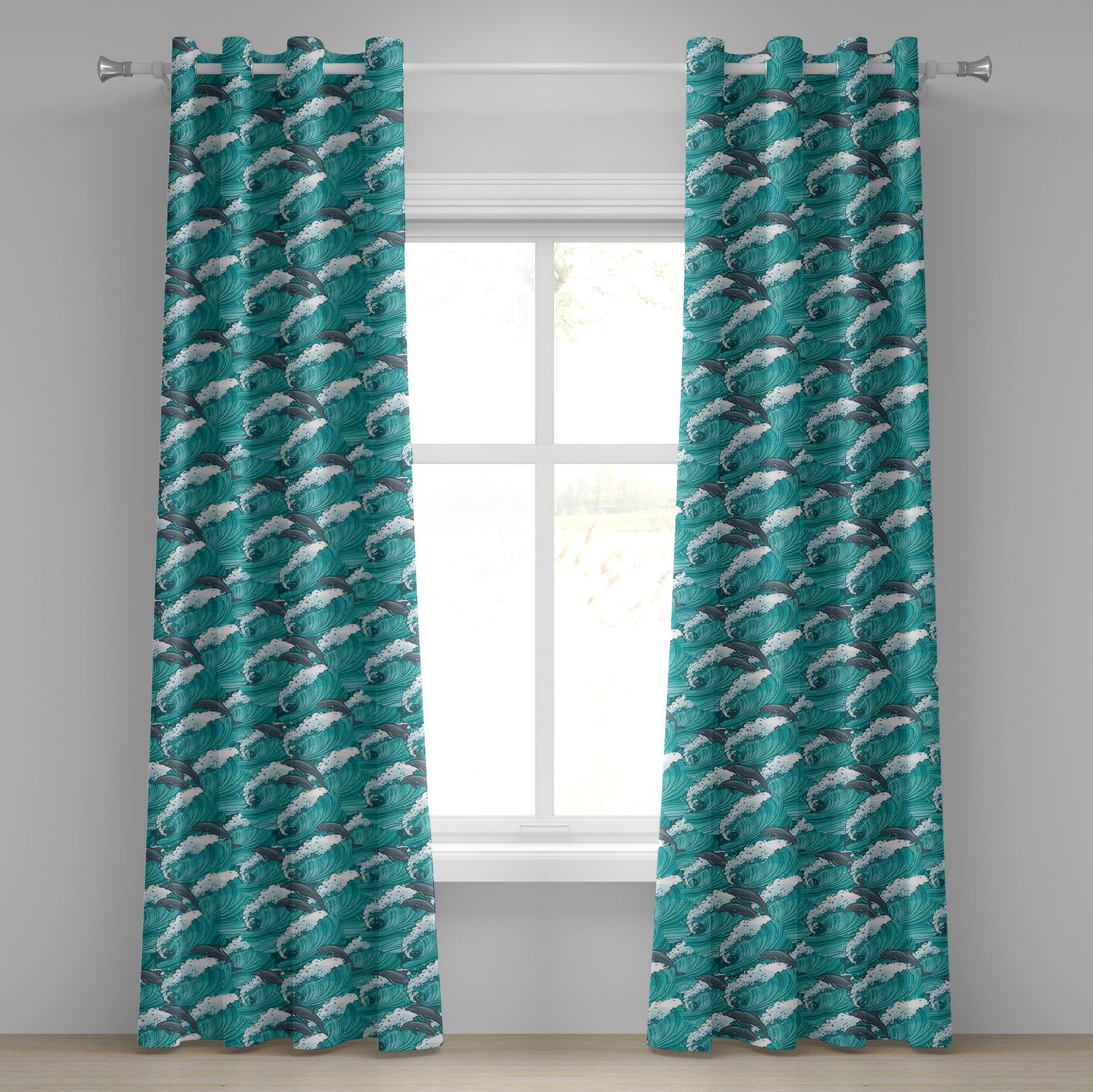 Ozean Dolphins Gardine Wohnzimmer, für Abakuhaus, 2-Panel-Fenstervorhänge Schlafzimmer Surfen Dekorative Doodle
