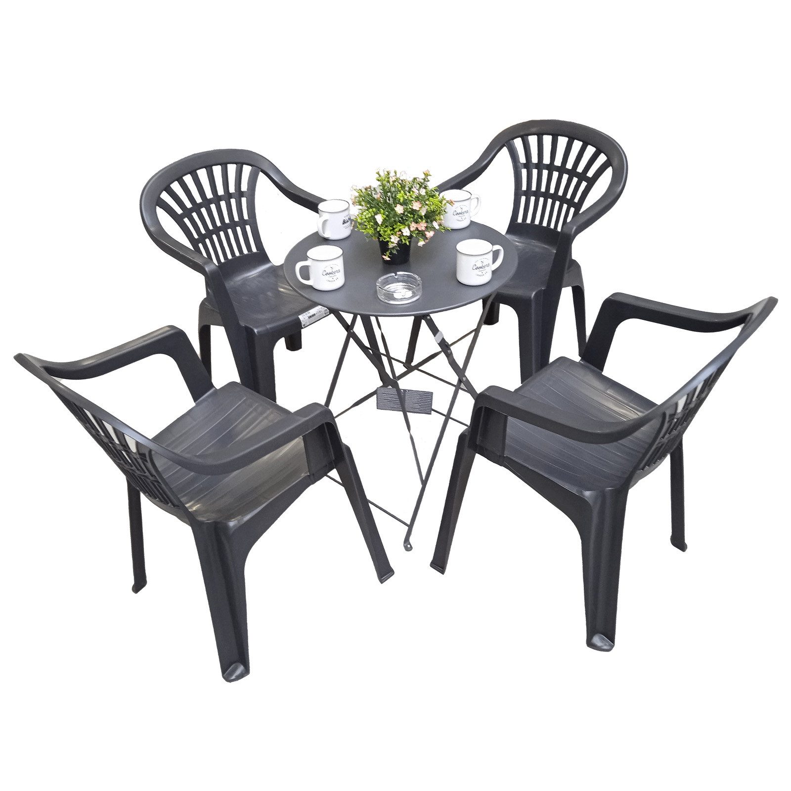 Koopman Sitzgruppe Gartenmöbel Sitzmöbel Kunststoff/Metall 5 Tlg. Set, (Set, 5-tlg., Tisch + 4 Stapelstühle), 5tlg, Stapelstuhl, Metalltisch Ø60cm, Kunststoff, Anthrazit