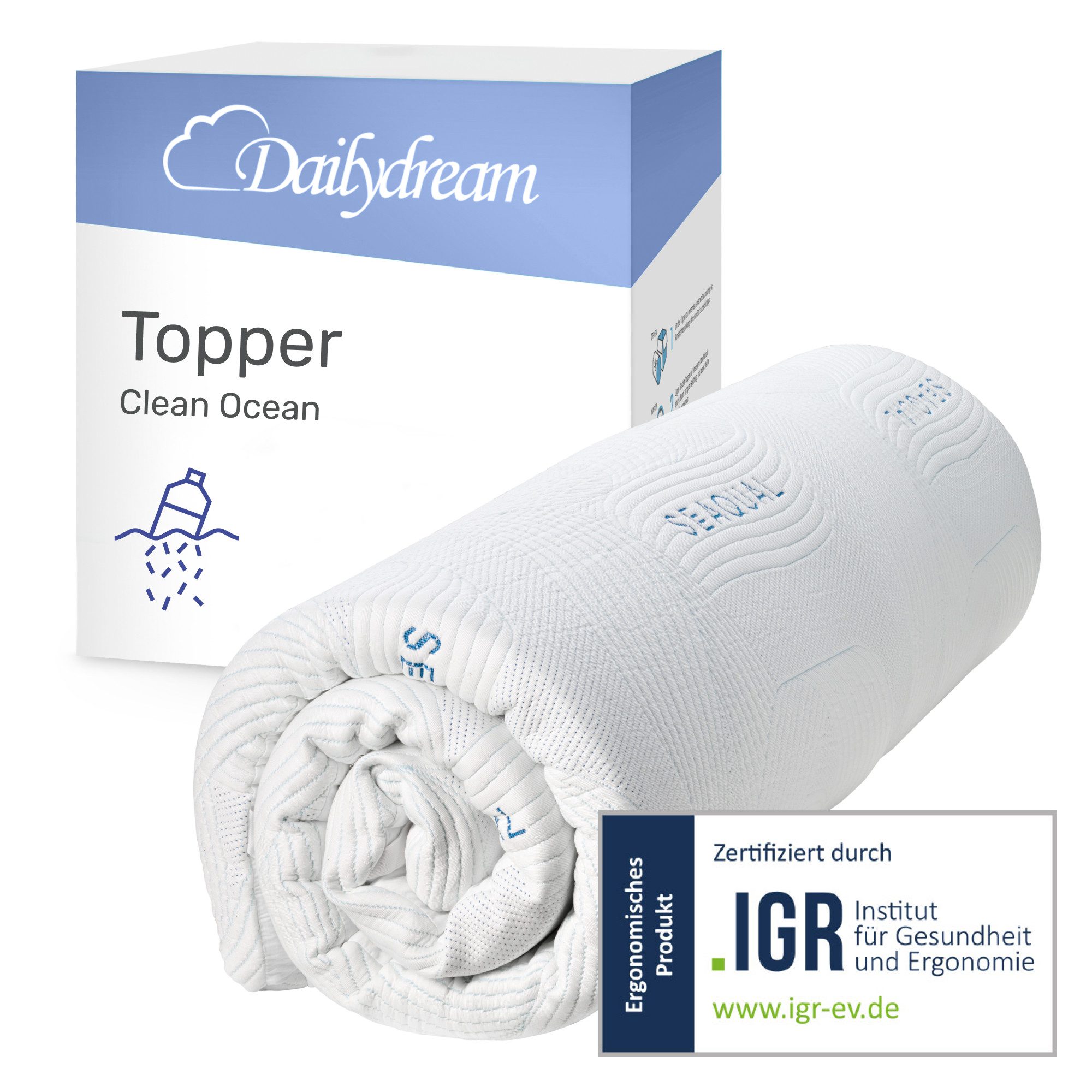 Dailydream, Topper, Matratzentopper, Viscoschaum, Memory Foam, rutschfest, H1/2, (Ocean Clean Edition), wertet harte Matratzen auf und bietet einen erholsameren Schlaf