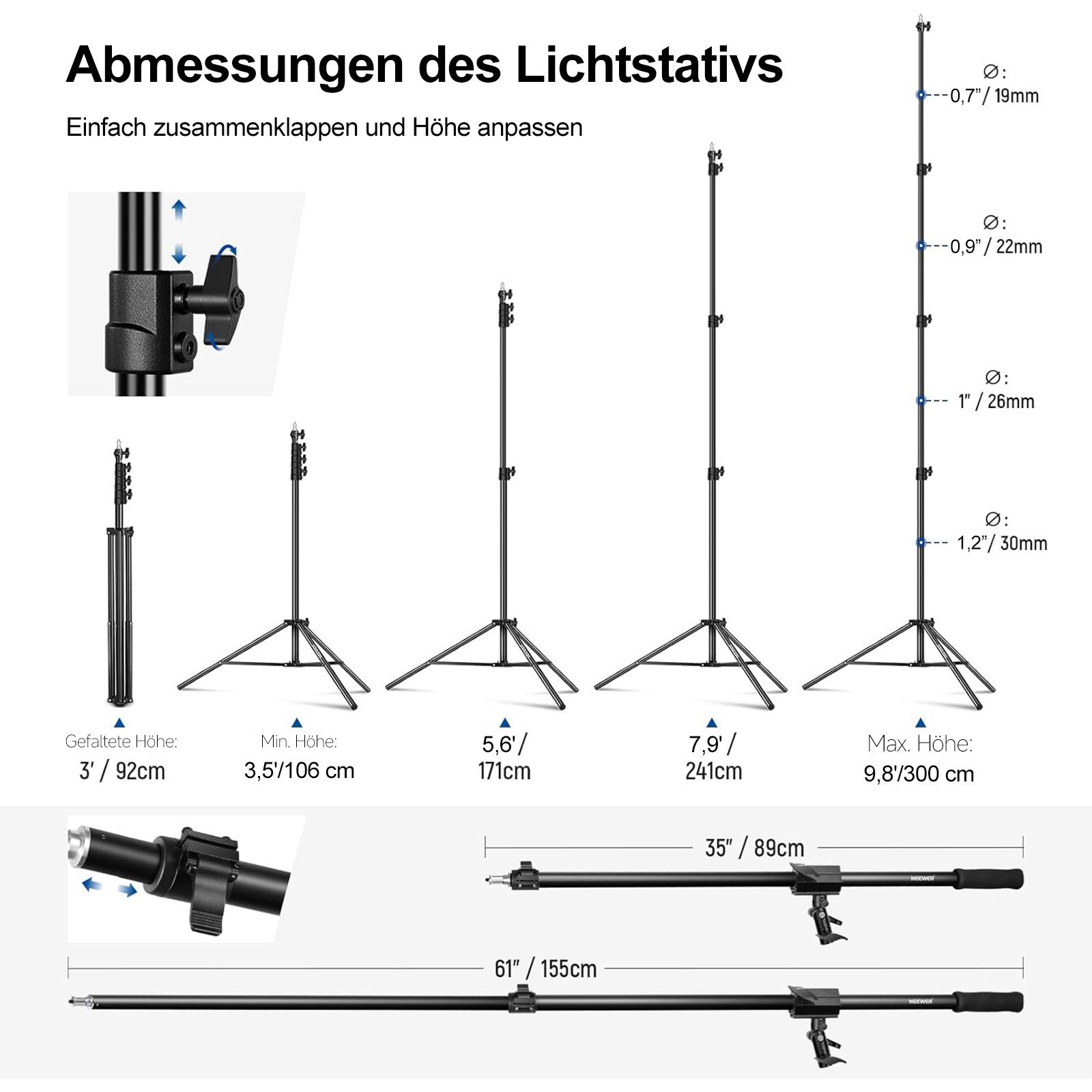 Neewer BA-01 Luftgepolstertes Aluminium Lichtstativ, Verstellbares Fotostativ Lampenstativ (Höhenverstellbar 106-300 cm, mit Galgenarm Sandsack, für Softbox)