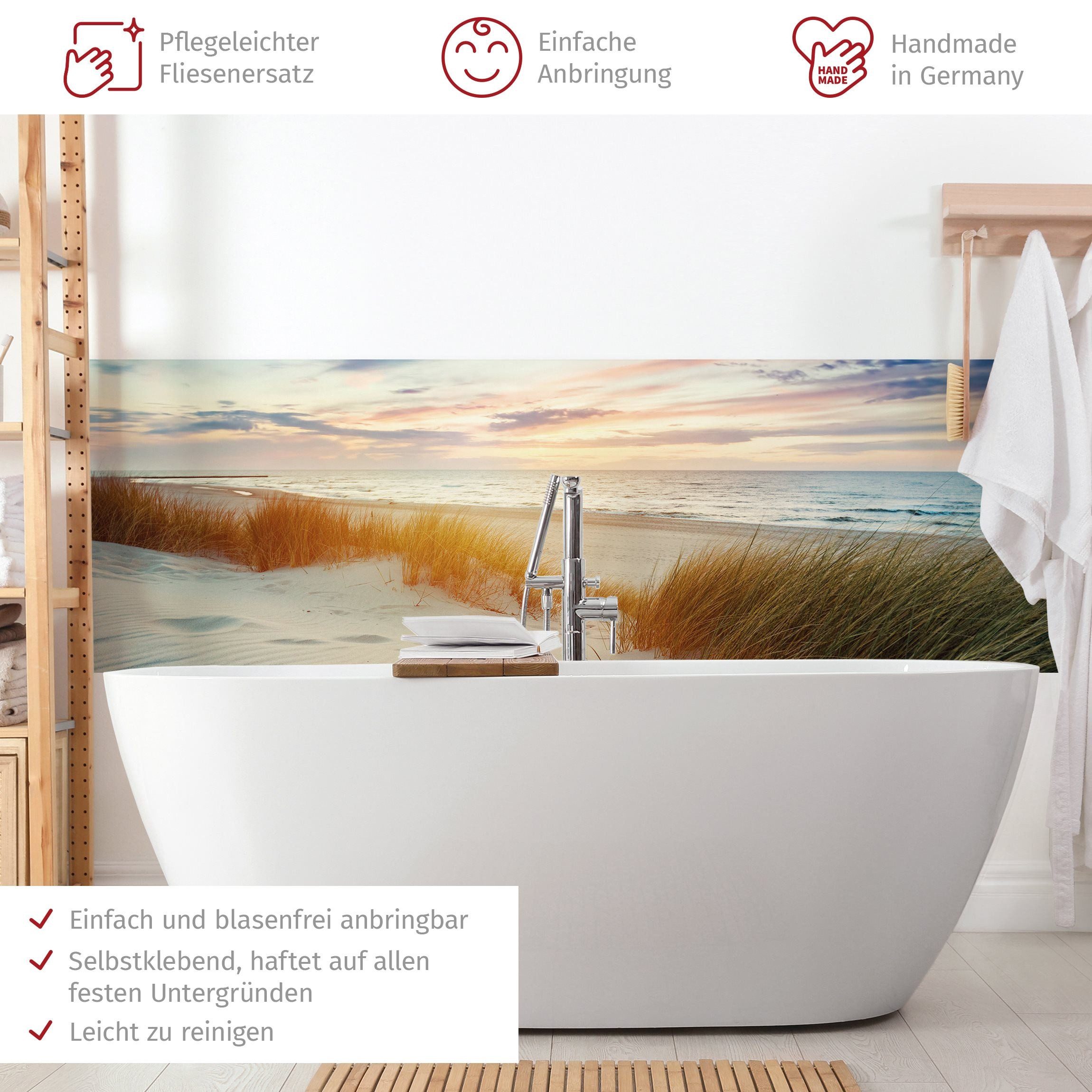 Bilderdepot24 Badrückwand beige fugenlose Wandverkleidung Bad Tropisch, (Hartfolie matt » Selbstklebend SMART 0,35 mm), wasserfestes Wandpaneel Grasdünen an der Ostsee