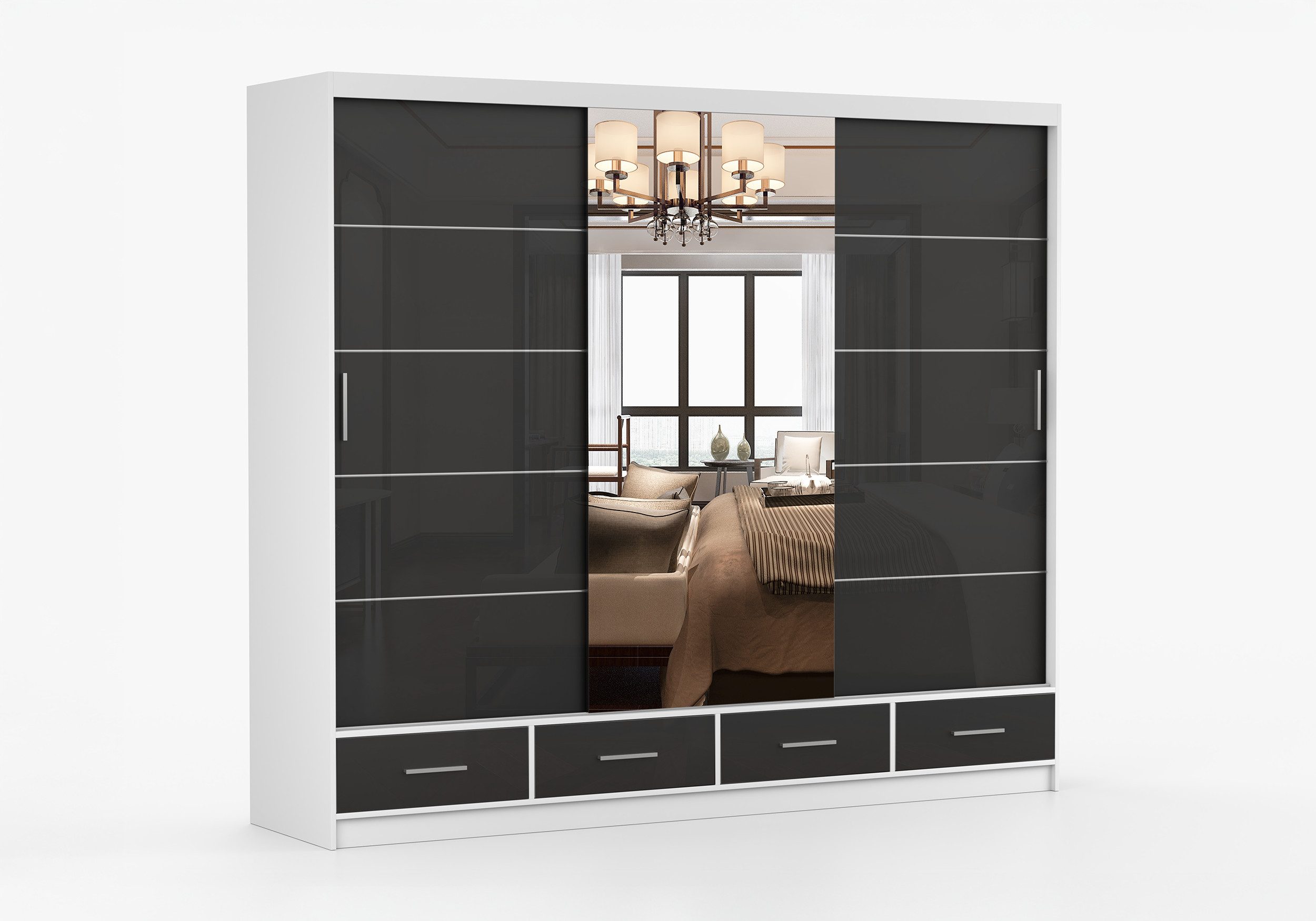 imoebel24 Schwebetürenschrank FLORENCE S 250 cm - Weiss / Schwarz Semigloss