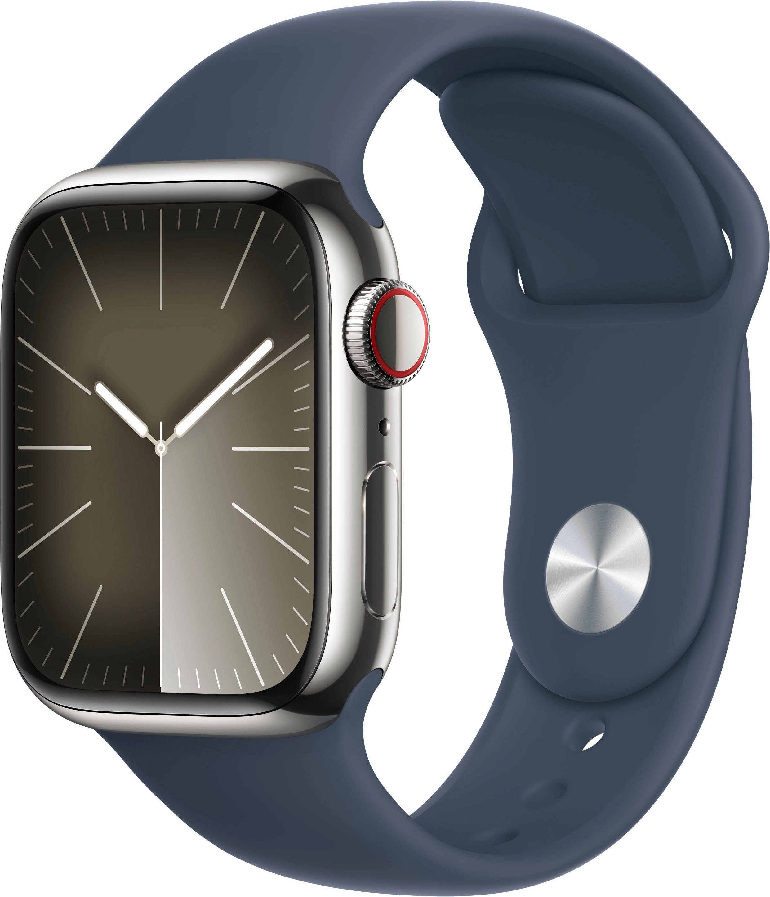 Apple Watch Series 9 GPS + Cellular 41mm Edelstahl Smartwatch (4,1 cm/1,61 Zoll, Watch OS 10), Sport Band Sturmblau | Silber