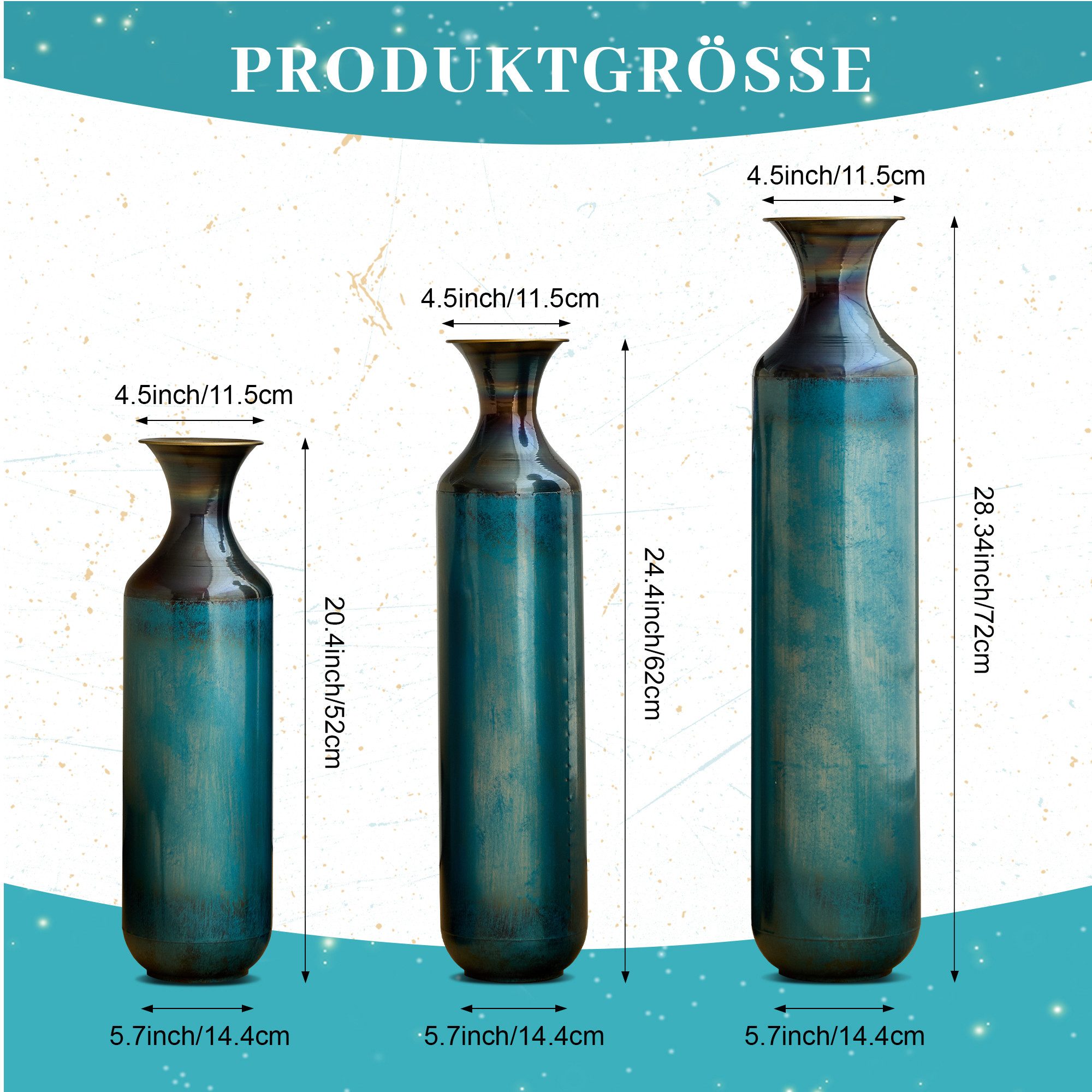 KLAM HOME Bodenvase Große Bodenvase 3er Set aus Metall, (50/65/83 cm), Mid-Century Modern (Dekovase Boden bis zur Decke reichende Vase, hohe dekorative Vase), Vintage Deko, Dekorative Vase für Wohnzimmer, Flur und Schlafzimmer
