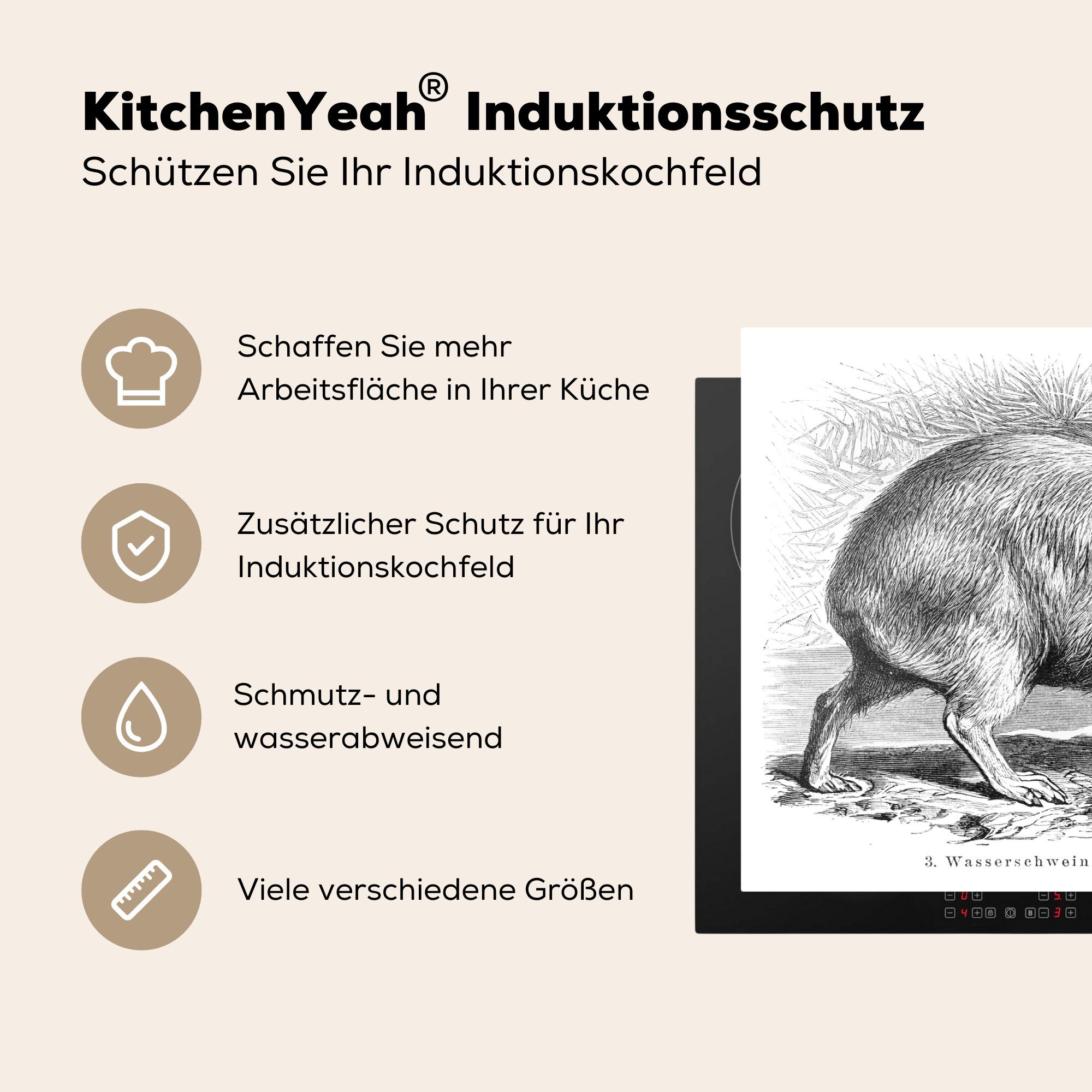 Wasserschweins Illustration 83x51 in Eine Arbeitsplatte Vinyl, eines Herdblende-/Abdeckplatte (1 küche für Ceranfeldabdeckung, cm, Schwarz-Weiß, MuchoWow tlg),