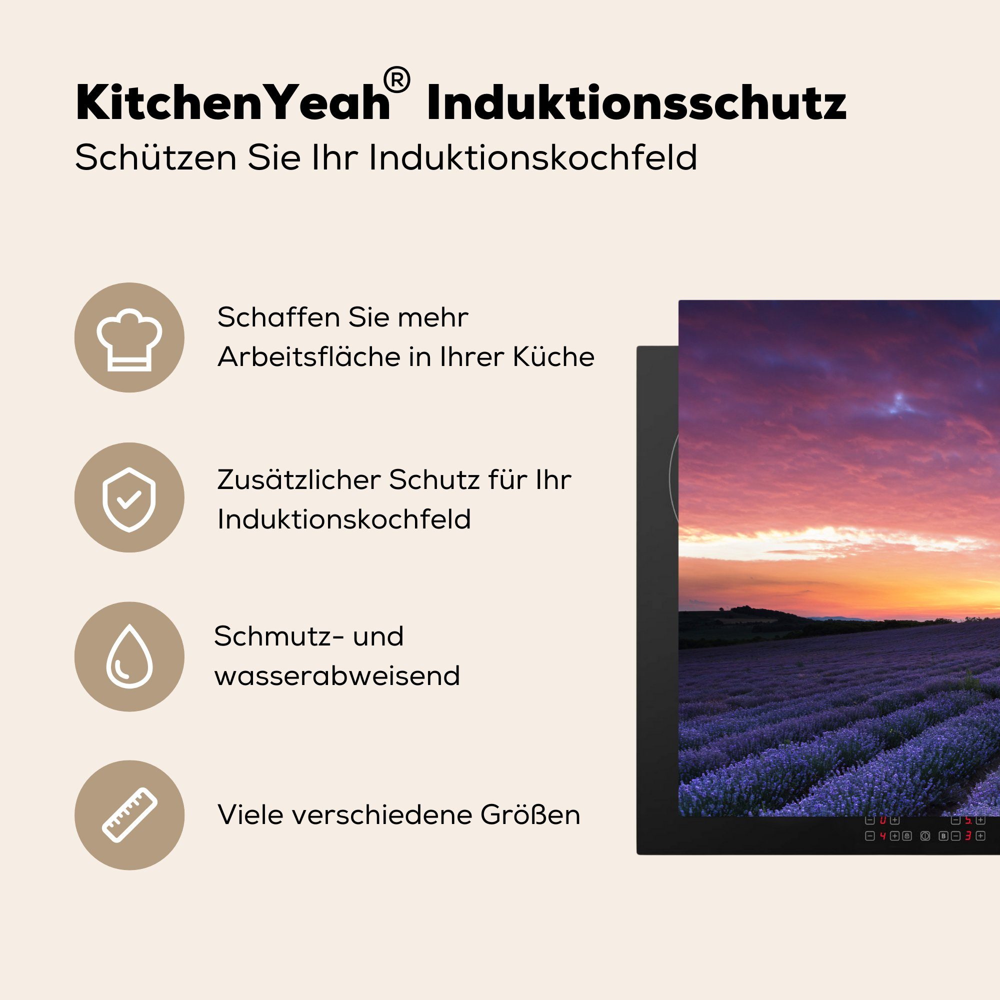 auf einem cm, Herdblende-/Abdeckplatte für MuchoWow Wolken Schutz tlg), (1 81x52 küche, Ceranfeldabdeckung die Vinyl, Lavendelfeld, Lila Induktionskochfeld