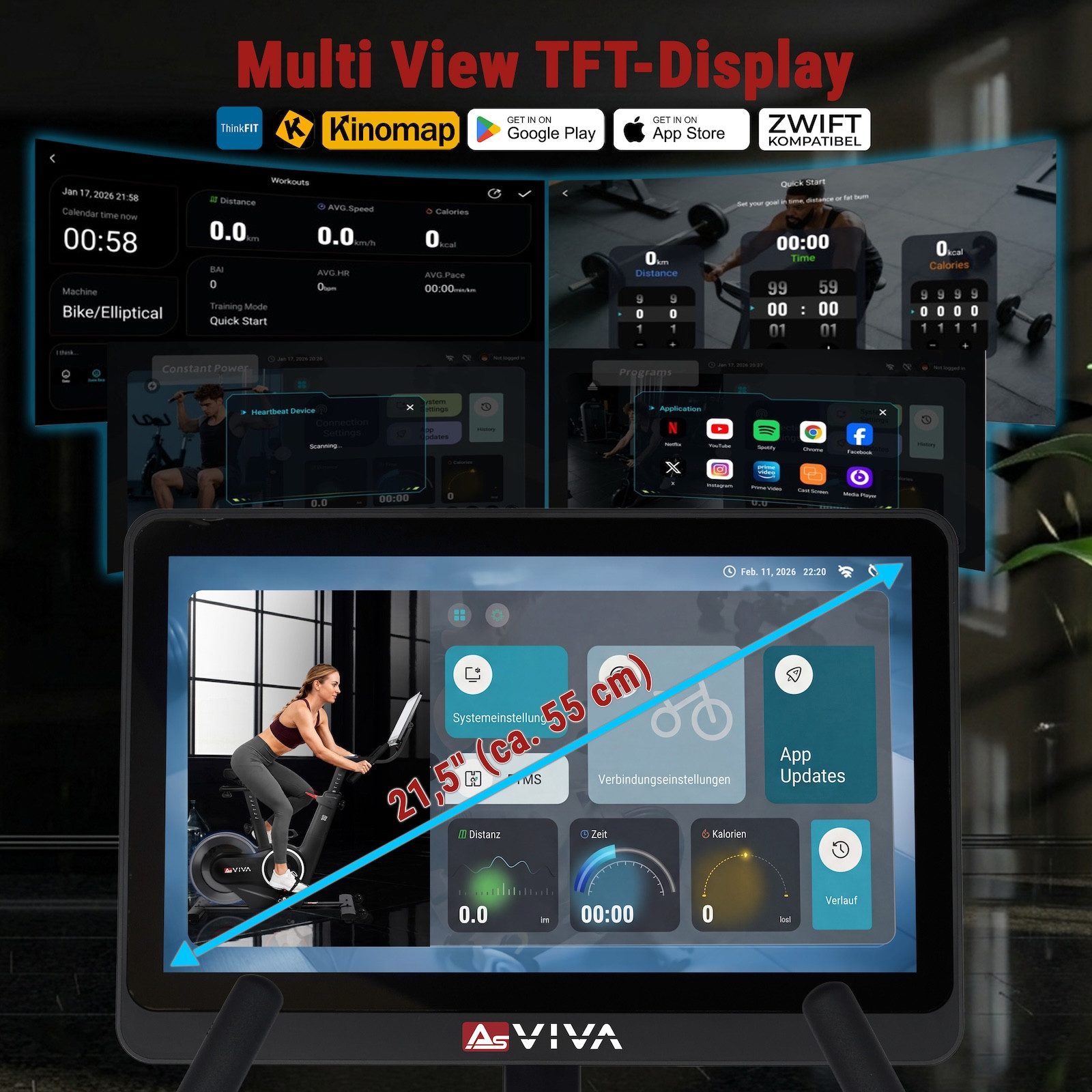 AsVIVA Speedbike S20 Indoor Cycle mit 21,5″ Touchdisplay, Auto-Widerstand per App, Automatischer Widerstand, 20 kg Schwungrad, Dual-Steuerung – Bild 4 von 5