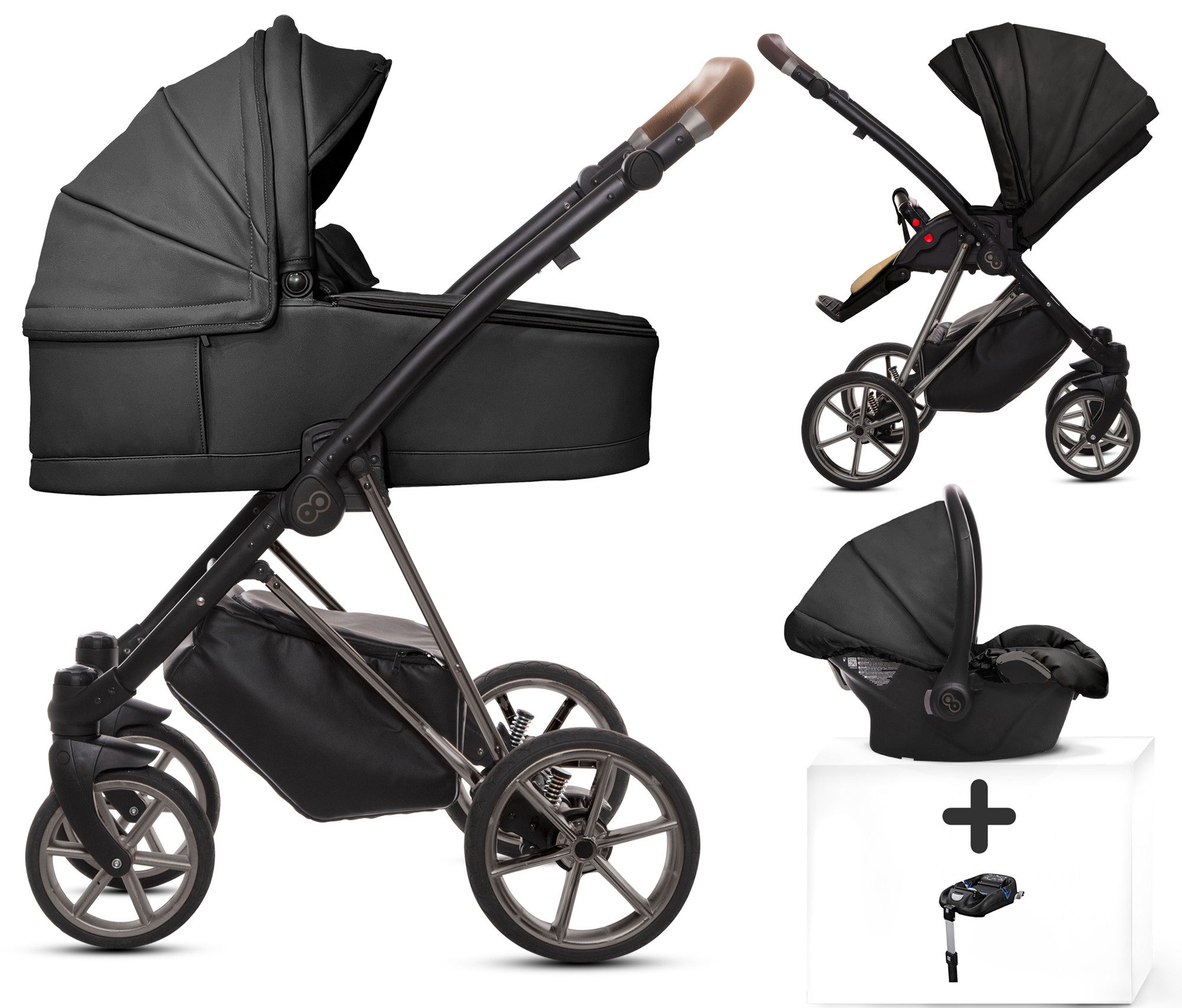 TPFFamily Kombi-Kinderwagen 4 in 1 Musse Royal, Baby Buggy Babywanne Autositz Isofix Basis, Zubehör-Set Kinderwagen 4 in 1 Kunstleder Schwarz, Gestell Grau