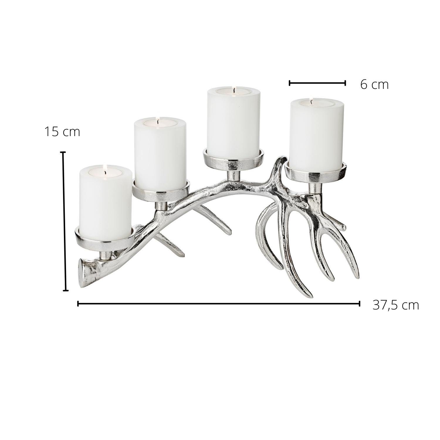 EDZARD Kerzenständer Hugo, Kerzenleuchter Geweih-Design, mit Aluminium für Kerzenkranz Stumpenkerzen, 13 Höhe aus Adventskranz cm Silber-Optik