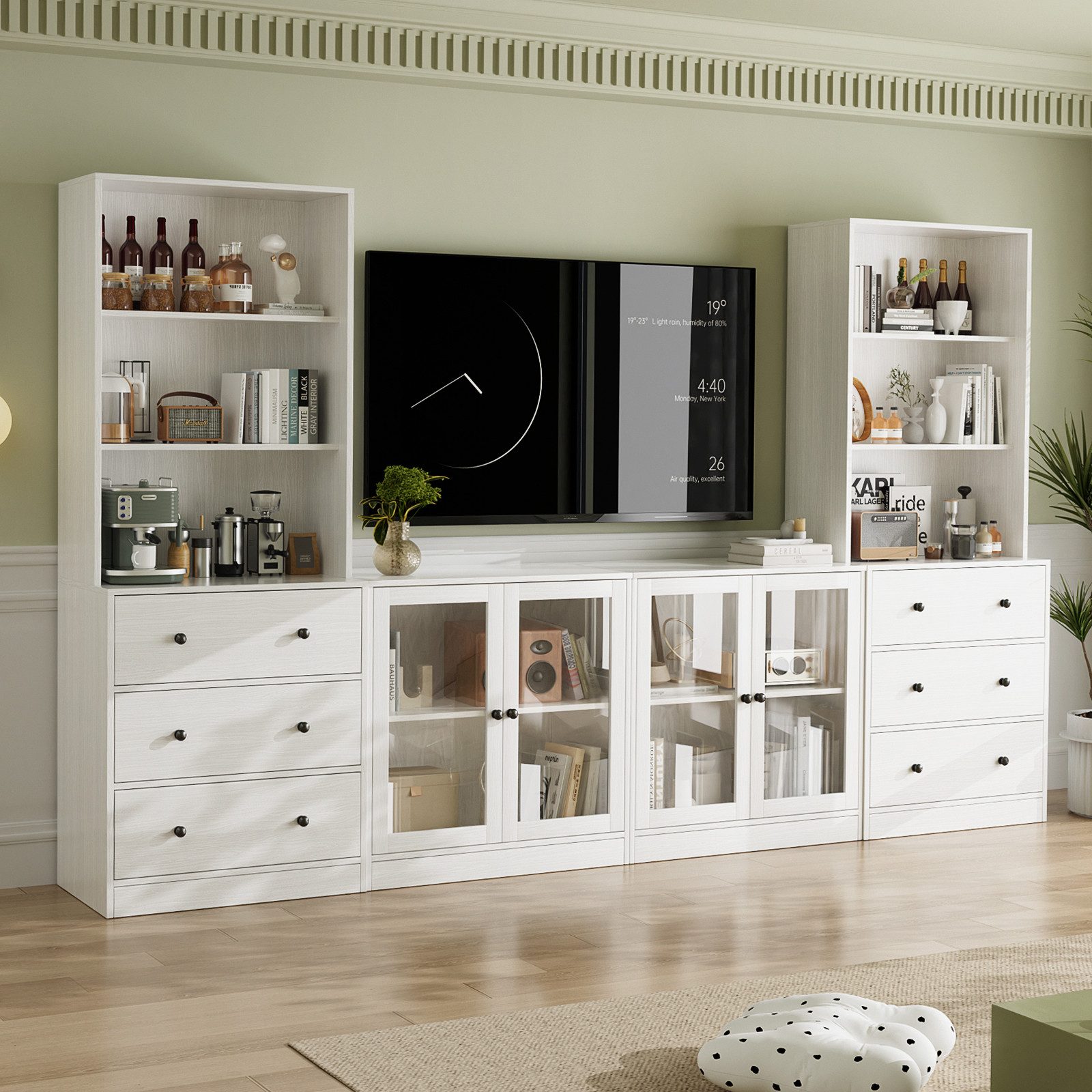 VOWNER TV-Schrank mit Bücherregalen für Fernseher bis zu 70 Zoll, 280 cm TV-Ständer (4-St) Wohnzimmer-Fernsehschrank mit gehärteten Glastüren und Einlegeböden