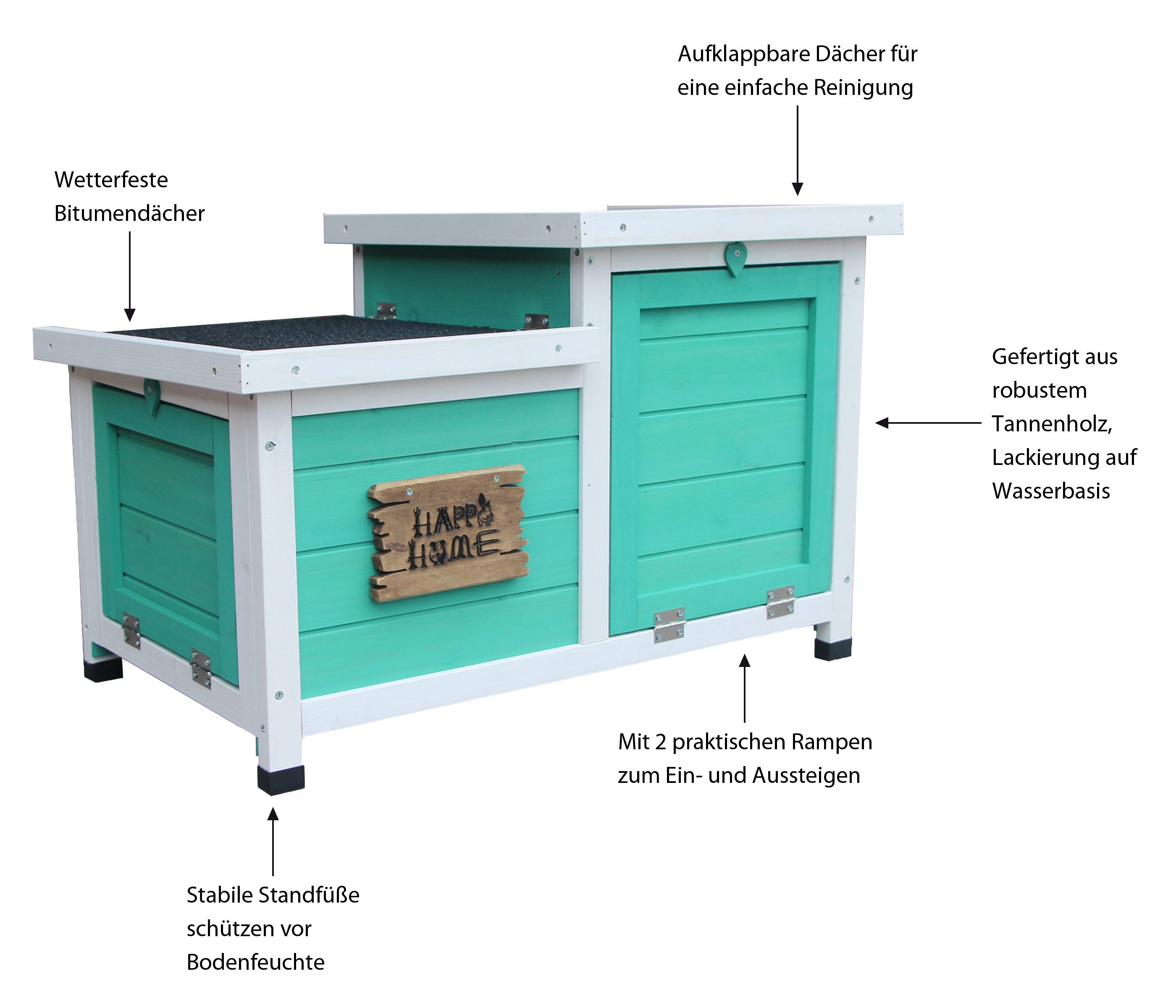 Dehner Kleintierhaus Nagerschlafhaus Happy Home Teatro, 70 x 45 x 43 cm, schattenspendender Unterschlupf mit zwei Türen und klappbarem Dach