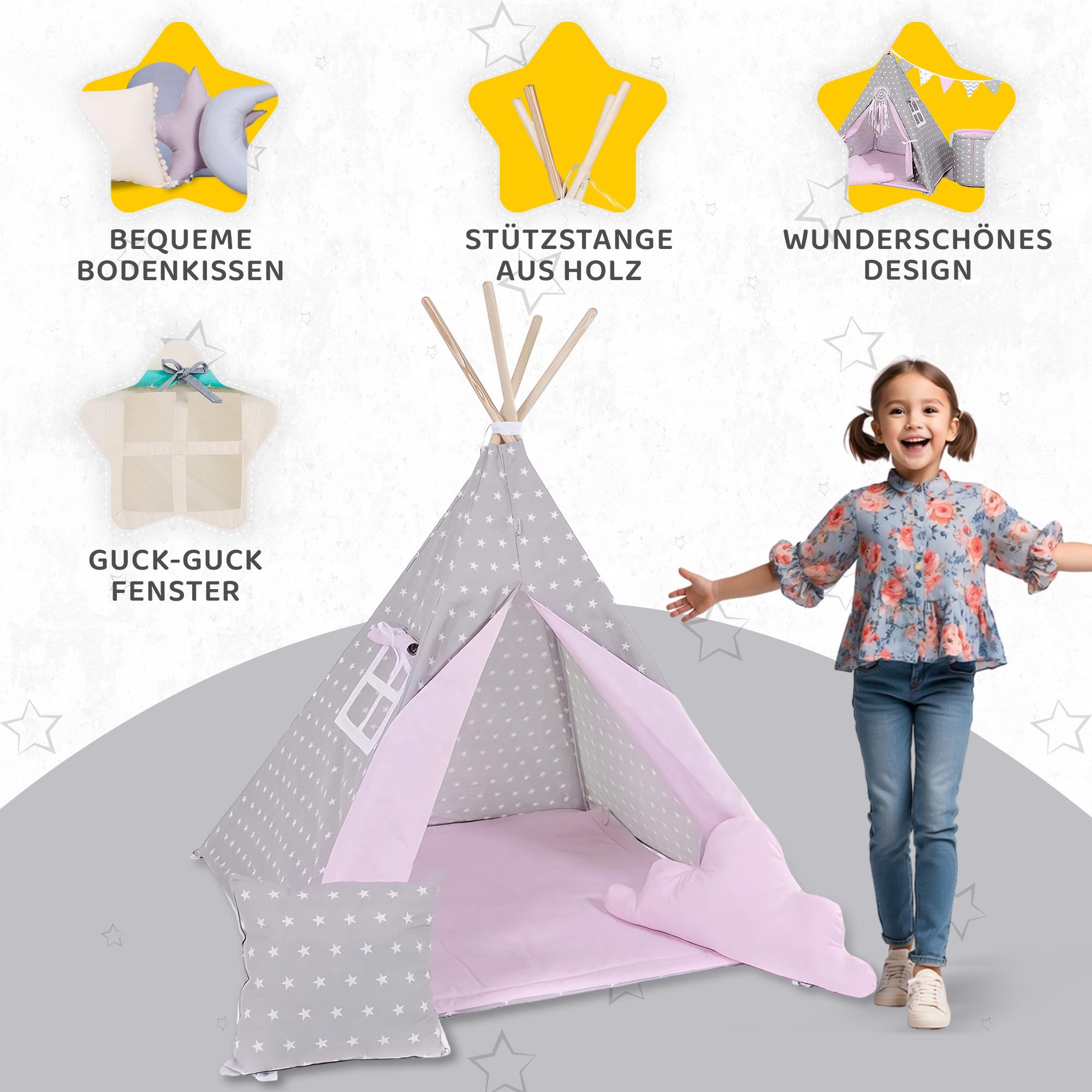 Rainbow Kids Tipi-Zelt Kinderzelt Spielzelt Teepee mit Fenster, Personen: 2 (mit kleinem Zubehör, 4 tlg., mit 2 Kissen und Matte), Made in Europe