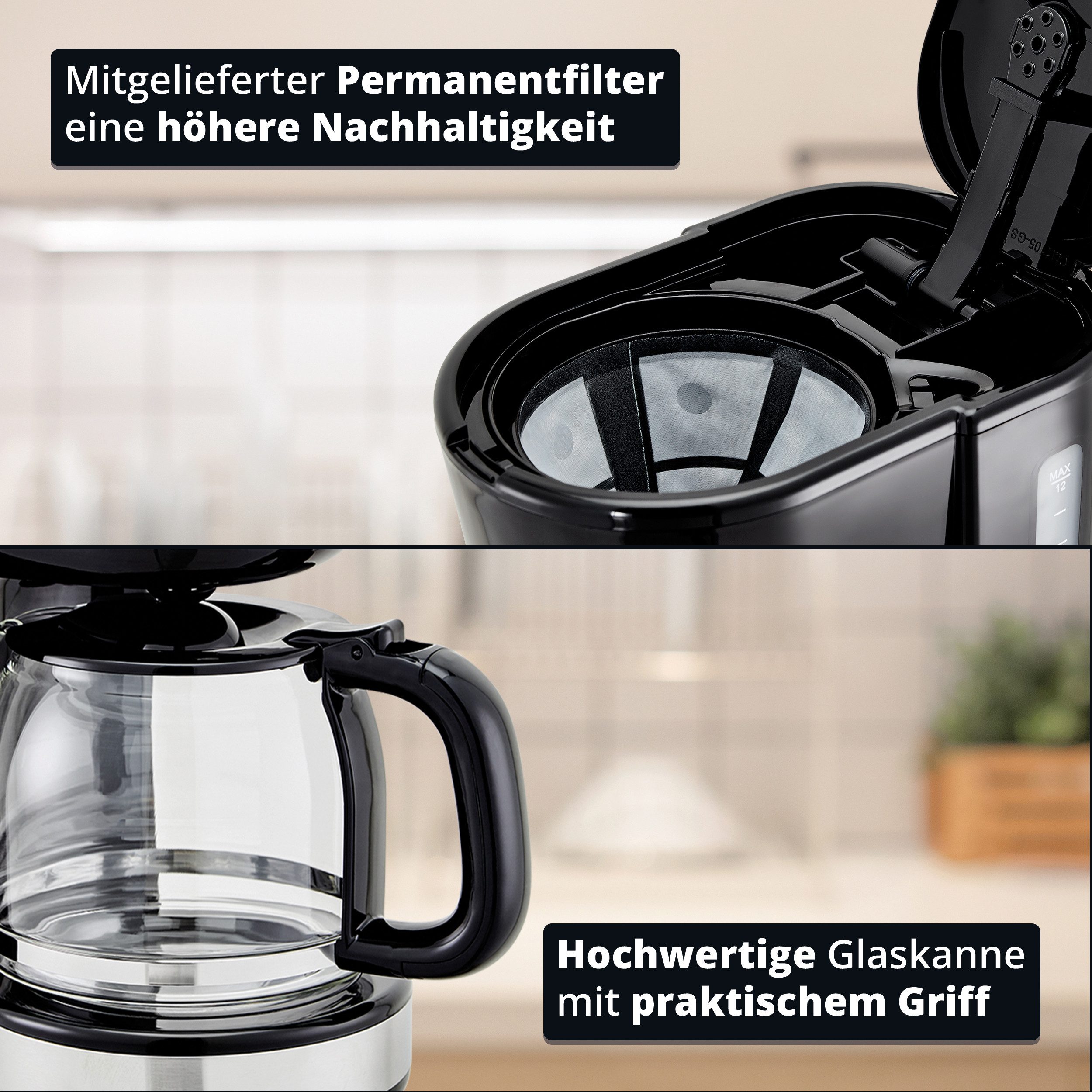 KHG Filterkaffeemaschine KA-129 SE2 aus Edelstahl/Kunststoff in schwarz mit Glaskanne 1,5 Liter, Permanentfilter