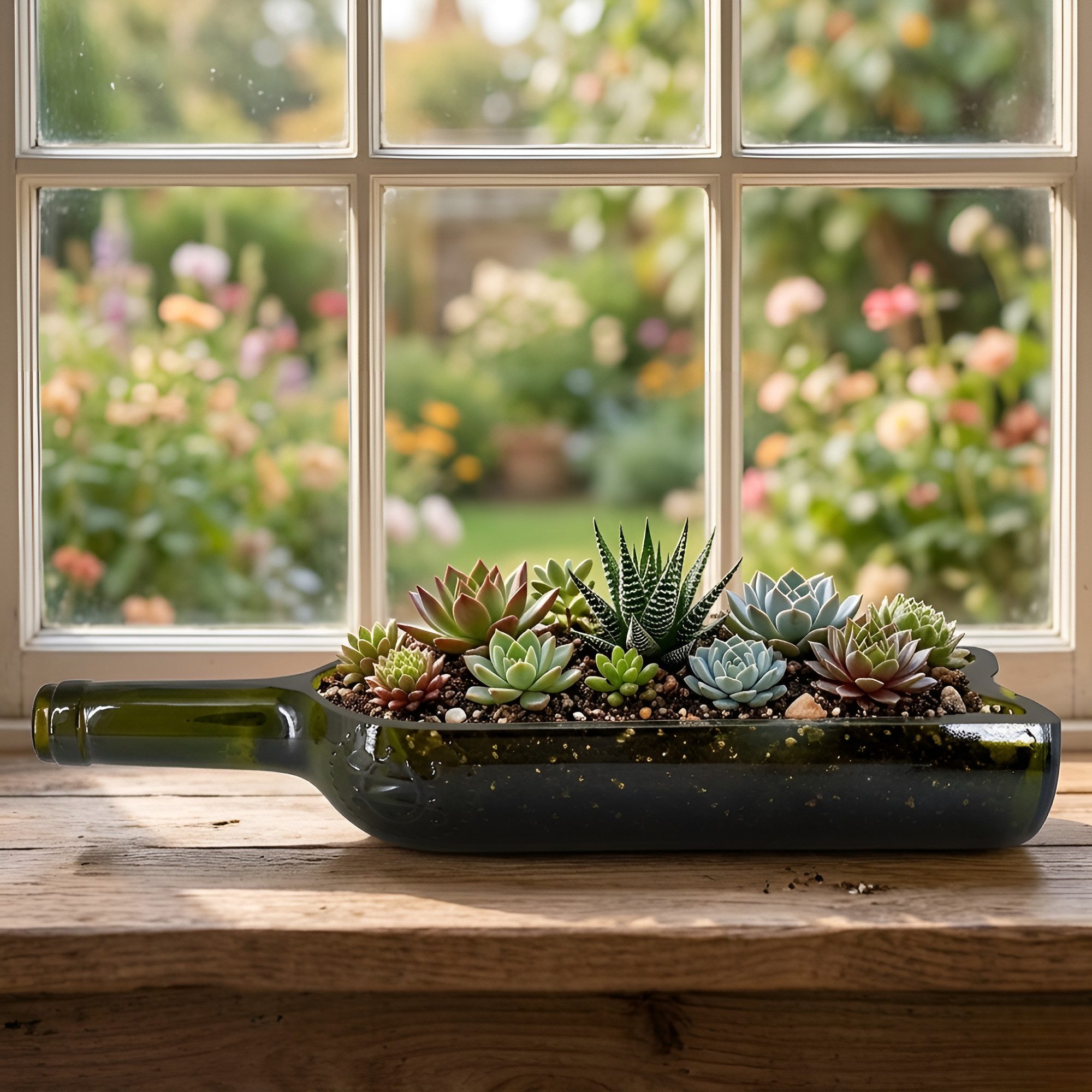 Upglassic Sukkulente Planter aus echter Weinflasche – Upcycling Pflanzgefäß für Sukkulenten Blumentopf für Sukkulenten (Maße: ca. 30 x 7 x 6 cm), 1 St., Upcycli – Bild 5 von 5