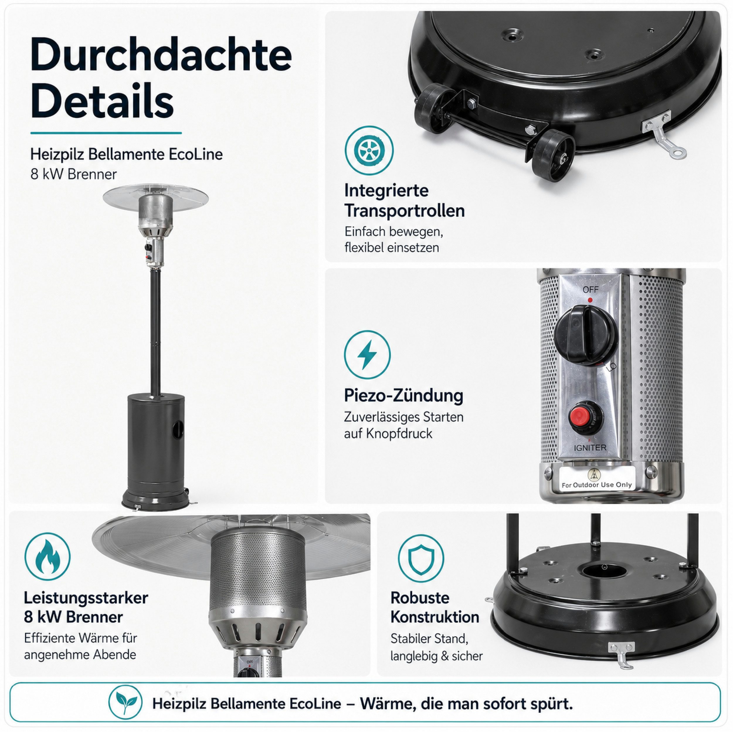 APANA Heizstrahler Eco Heizpilz Gasheizer Terrassenheizstrahler Gas Heizstrahler Garten, Inklusive Transportrollen Umkippsicherung und Abschaltautomatik – Bild 4 von 5