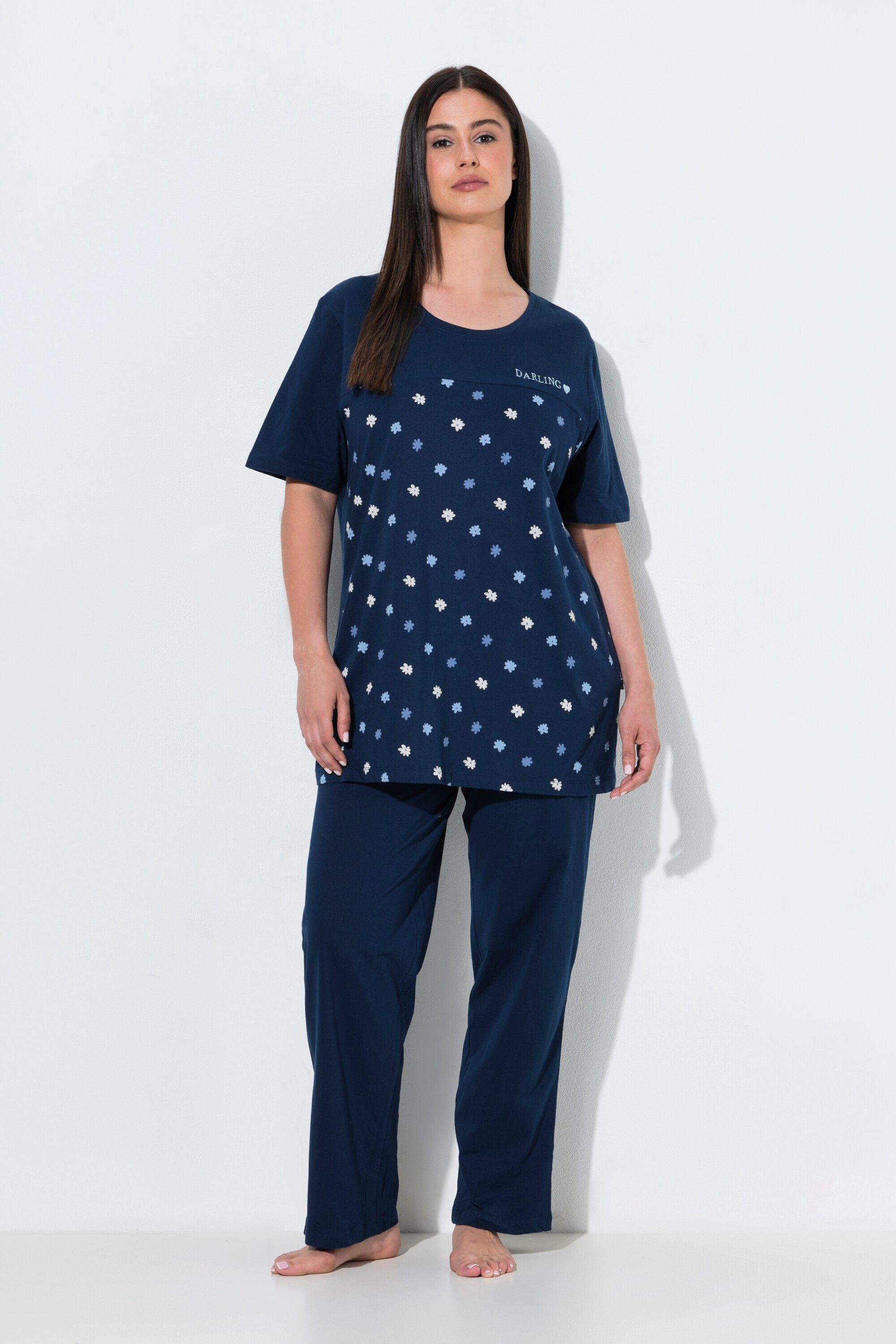 Ulla Popken Pyjama Pyjama Blüten Stickerei Rundhals Halbarm