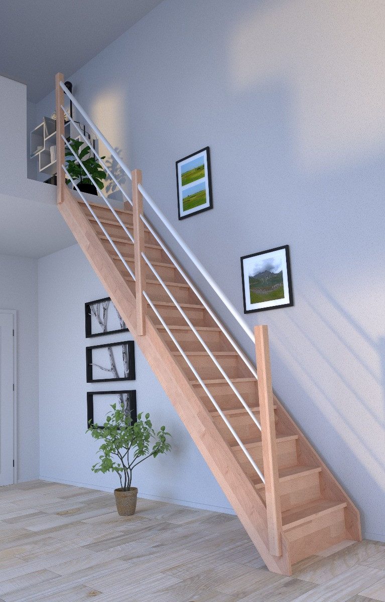 Starwood Raumspartreppe Holztreppe Rhodos in gerader Ausführung-Buche-Holz-Edelstahl Geländer
