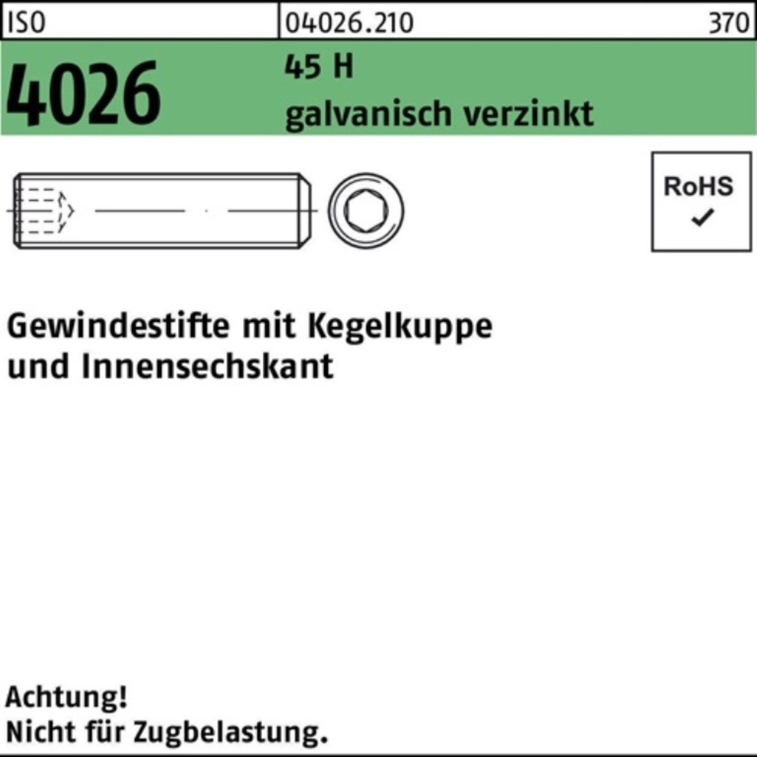 Reyher Gewindebolzen 100er Pack Gewindestift ISO 4026 Kegelkuppe/Innen-6kt M12x90 45 H galv