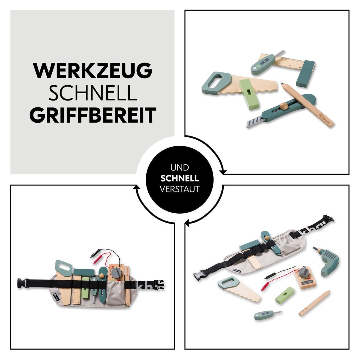 Hauck Steckspielzeug Learn to Work, (9-tlg), 9-tlg. Holz Kinder Werkzeug Set inkl. Gürtel für kleine Handwerker