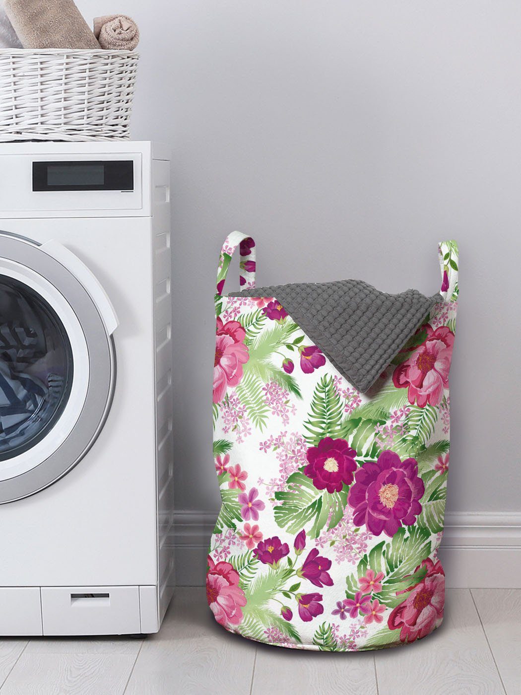 Wäschesäckchen Tropical Wäschekorb für Waschsalons, Abakuhaus mit Exotisch Griffen Hibiscus Monstera Kordelzugverschluss