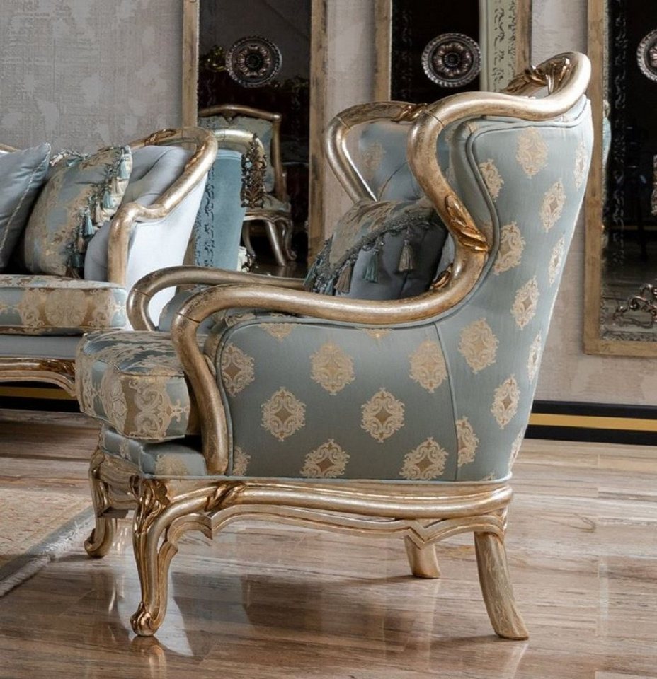 Casa Padrino Sessel Luxus Barock Ohrensessel Hellblau / Silber / Gold    Prunkvoller Wohnzimmer Sessel im Barockstil   Barock Möbel