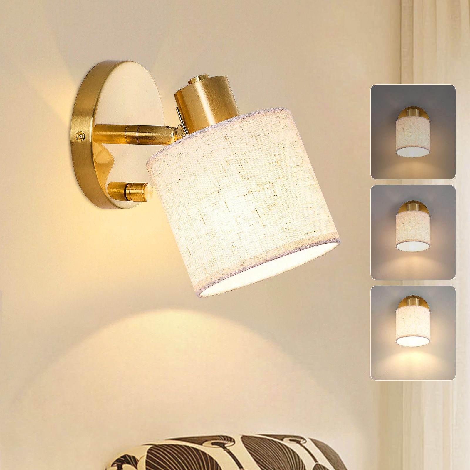 Rosnek LED Wandleuchte Wandlampe innen dimmbar mit Schalter E27 40W inkl. Leuchtmittel, LED wechselbar, Wandleuchte mit beige Leinenschirm für Schlafzimmer Wohnzimmer Flur