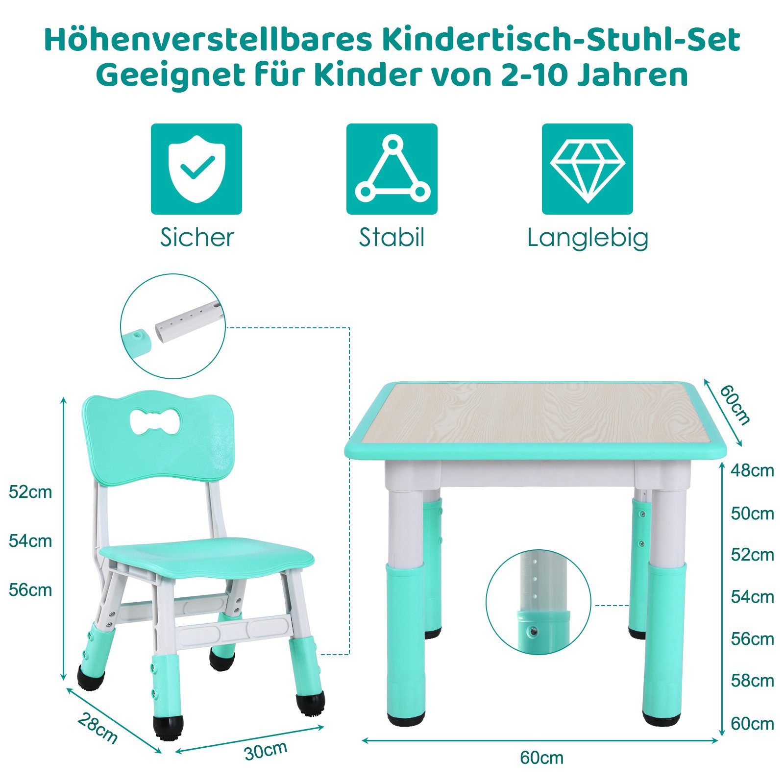 Kindertisch Stühlen, mit Kindersitzgruppe (5-tlg), Kindersitzgruppe, Femor Höhenverstellbar Minzgrün