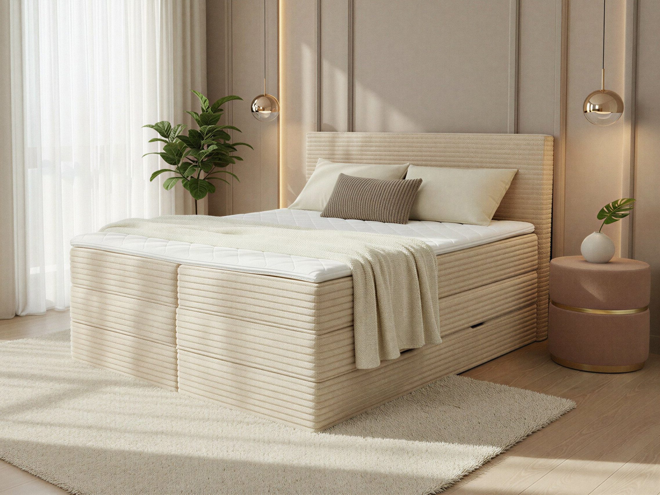 Sofnet Boxspringbett Mollo XL (2x Bettkästen, Bonellfederkern- und Taschenfederkernmatratze, Topper), Polsterbett, Doppelbett, Cord Bezug, mit Kopfteil, 140/160/180x200 cm