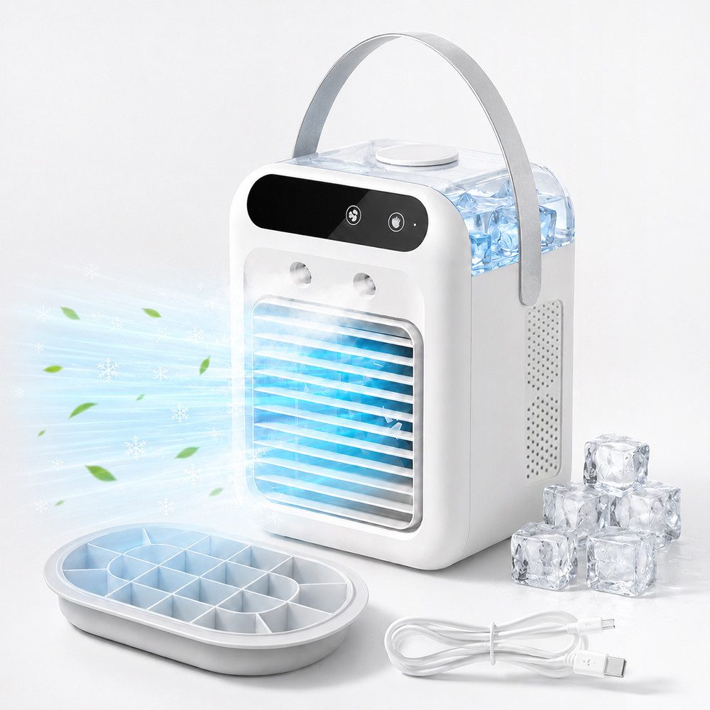 PRIISF Ventilatorkombigerät Mini Klimaanlage 4in1 Akku Tragbarer Luftkühler Sprühnebel Ventilator, 1800 mAh Akku Mobile Luftkühlgerät Leise Klimagerät 500ml Wassertank