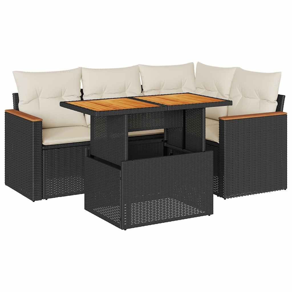 vidaXL Gartenlounge-Set 5tlg. Garten-Sofagarnitur mit Kissen Schwarz Poly Rattan, (1-tlg)