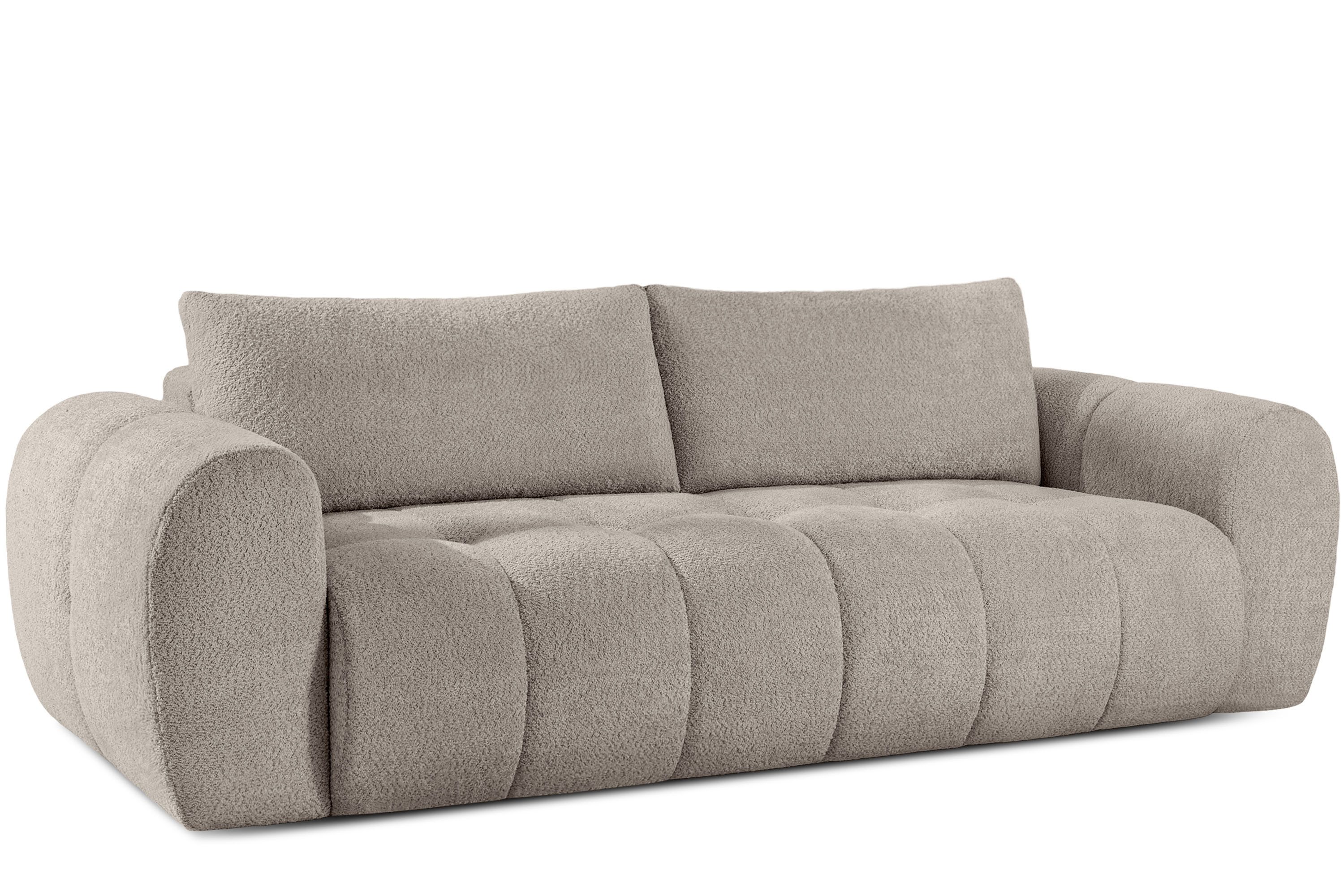 KONSIMO® 3-Sitzer Sofa LIRA, Schlafsofa, Einzelsofa, Premiumqualität aus EU, Modern, zwei Kissen, elastischer Sitz, Bouclé-Stoff, Mega große Liegefläche, mit Schlaffunktion, Bettkasten