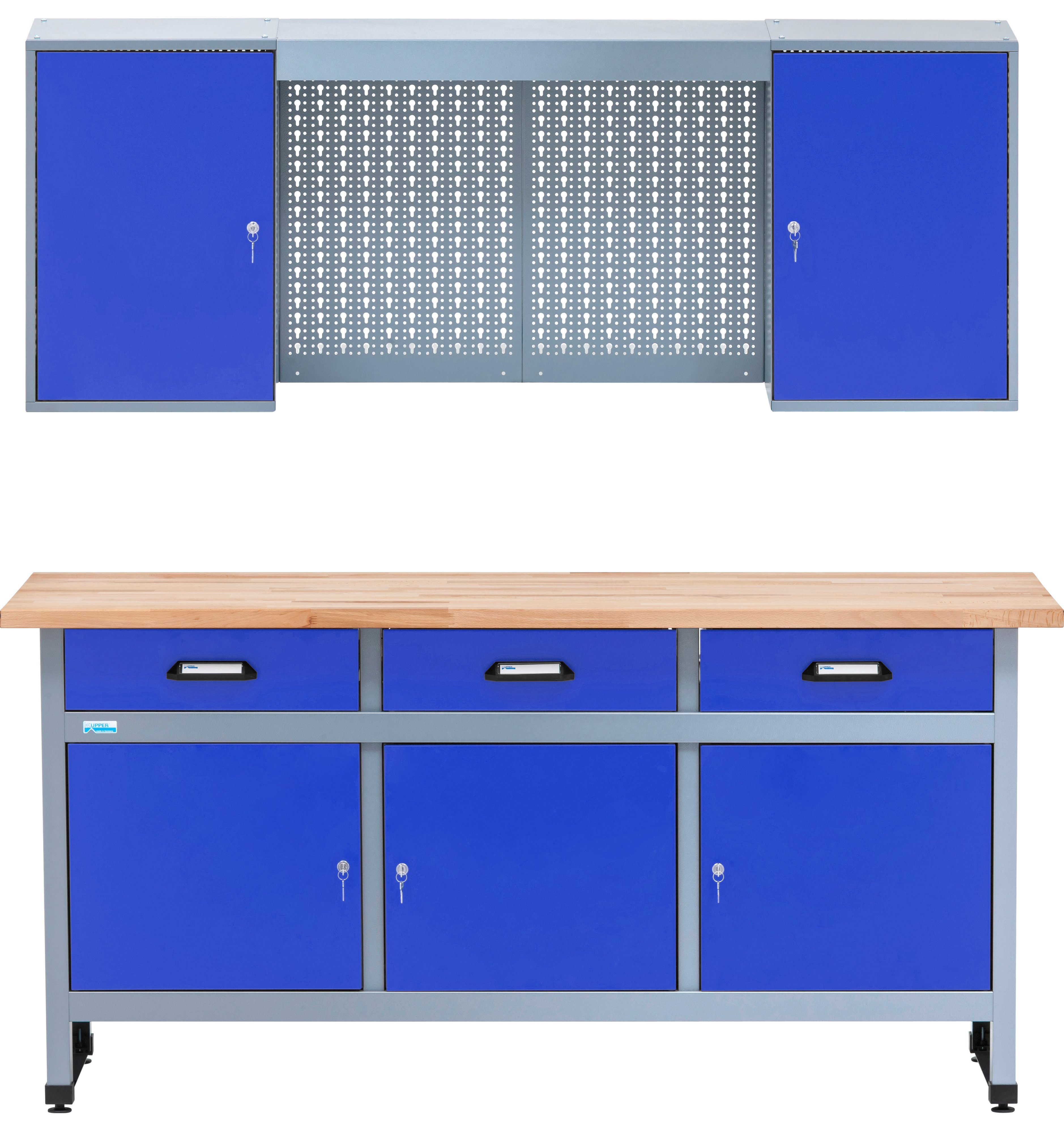 KÜPPER Werkstatt-Set 70421–7, 170 cm breit, Werkbank, Hängeschrank, ultramarinblau, massive 30 mm Buchenarbeitsplatte
