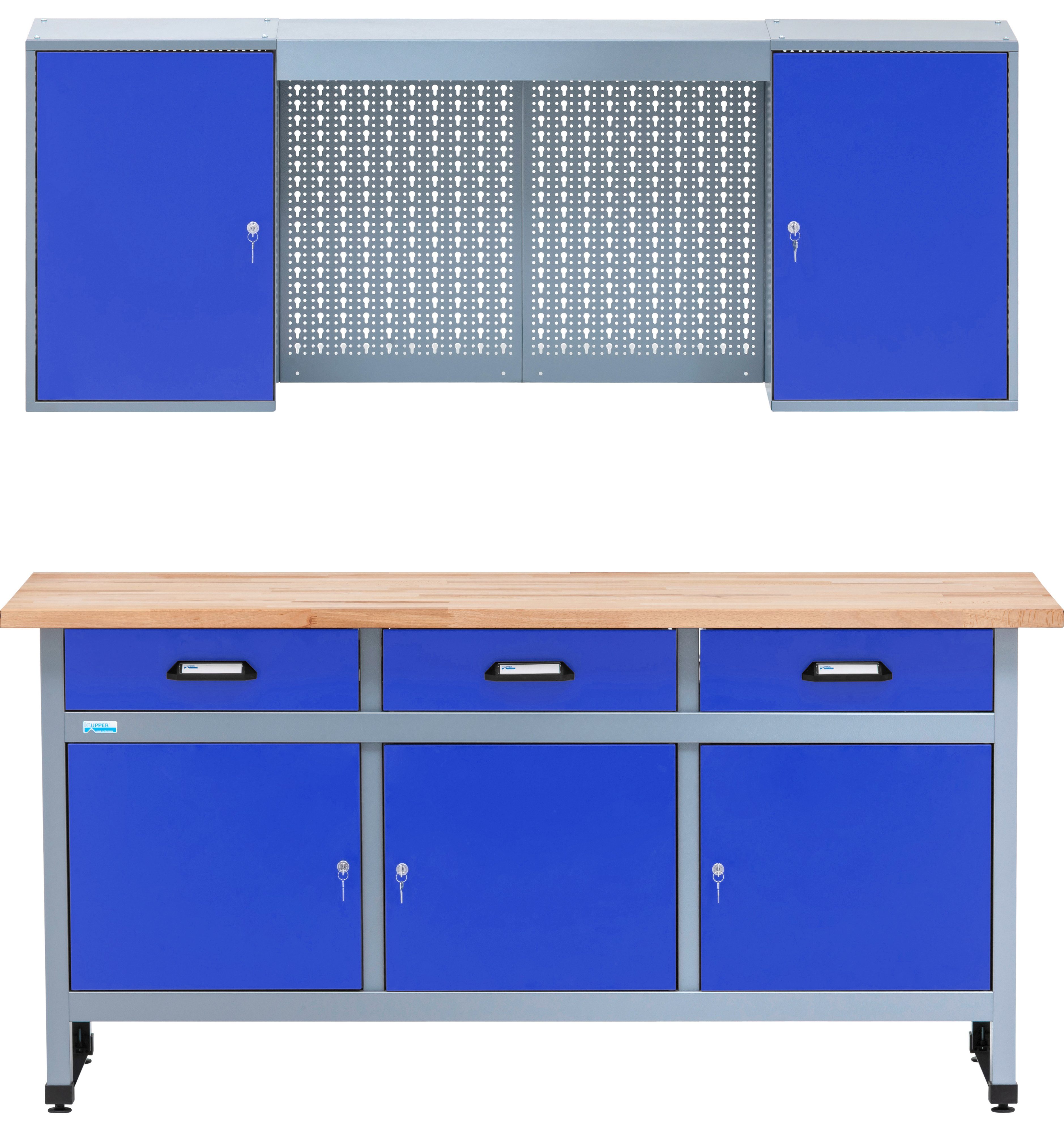 Werkstatt-Set 70421–7, 170 cm breit, Werkbank, Hängeschrank, ultramarinblau
