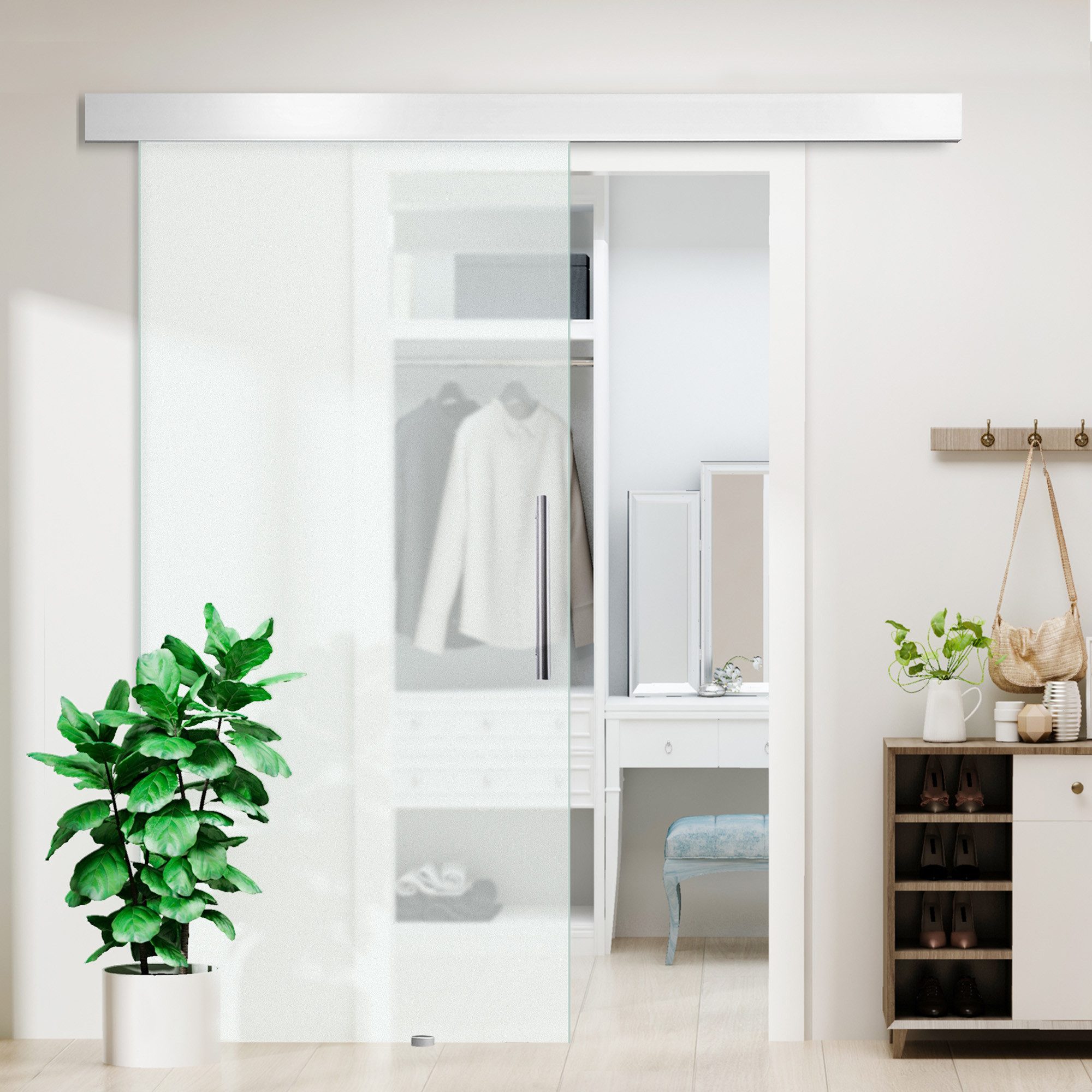 HOMCOM Schiebetür Komplettset Zimmertür Wandmontage mit Laufschiene, Trennwände (einseitig, 1-St., satiniert), einseitig satiniert 102,5 x 205 cm