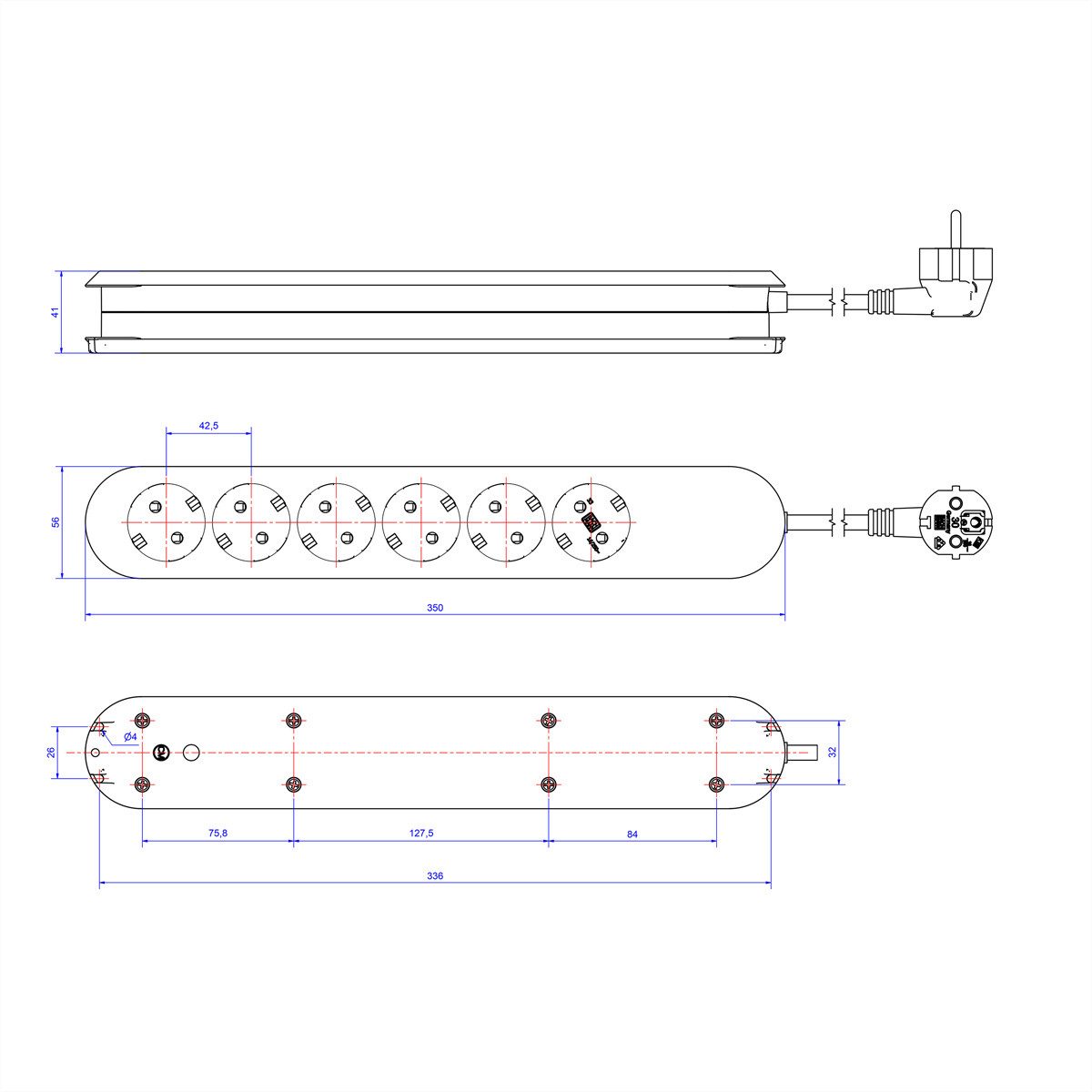 Bachmann SMART Steckdosenleiste 6x CEE7/3 Steckdosenleiste (Kabellänge 1.5 m), braun, mit Schalter, 381.450K