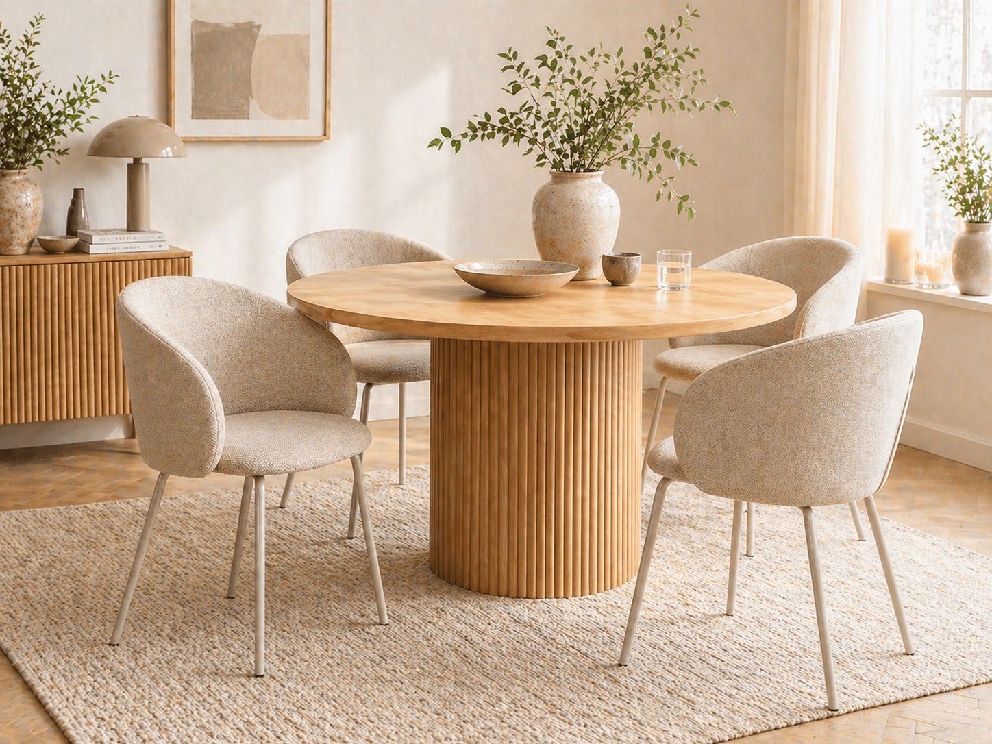 ACTONA GROUP Esszimmerstuhl Eleanor 2er Set, gepolstert mit Armlehne, bequem, modern, beige (Set), Skandinavisches Design, hoher Sitzkomfort & weicher Stoff
