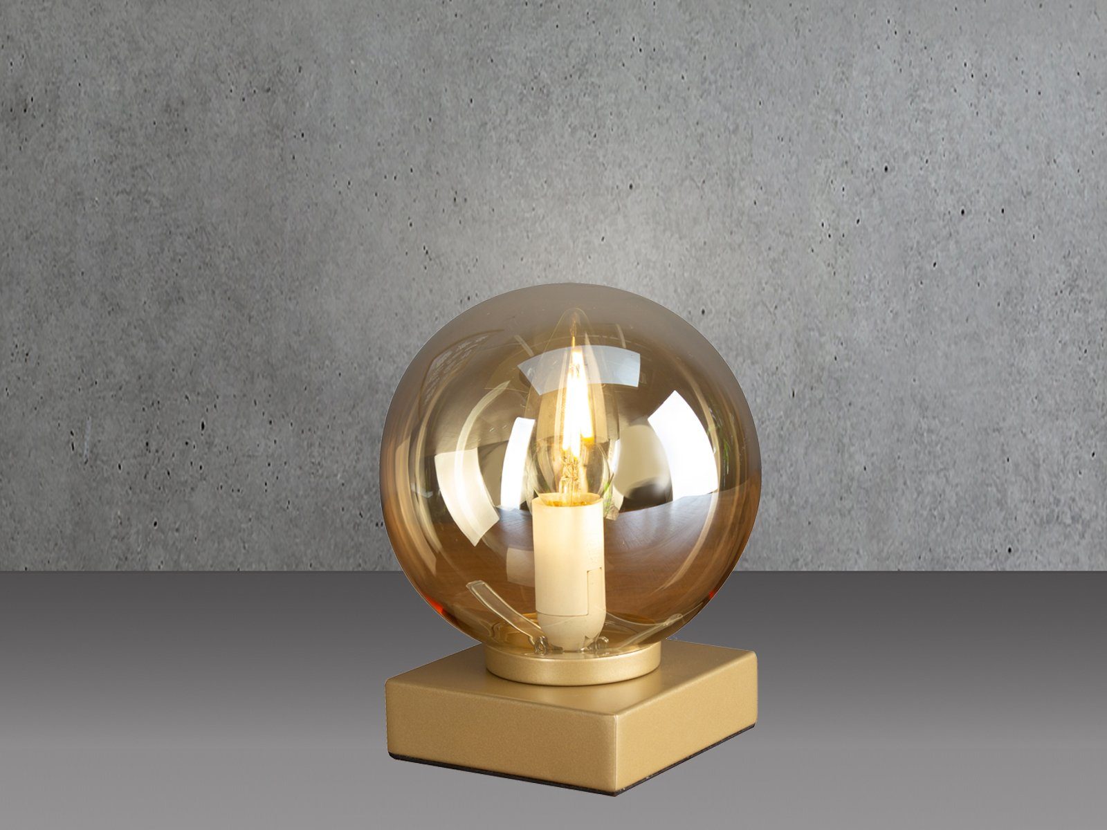 meineWunschleuchte LED Nachttischlampe, Dimmfunktion, LED wechselbar, Warmweiß, kleine Bauhaus Designer Lampe dimmbar mit Glas-kugel gold-en H: 17,5cm Messing-Amber