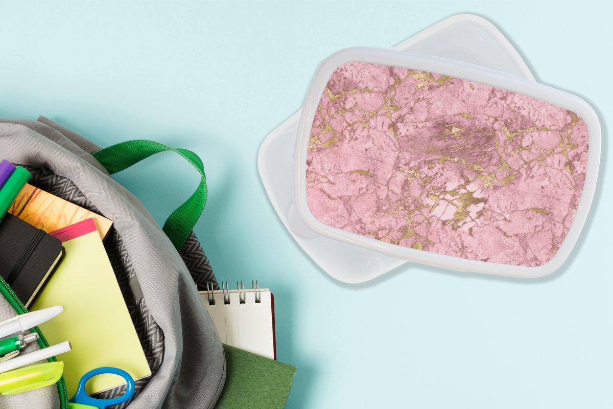 MuchoWow Lunchbox Gold - Jungs (2-tlg), Kunststoff, weiß für Rosa, Brotdose, Kinder und und Erwachsene, Mädchen - Brotbox Marmor für