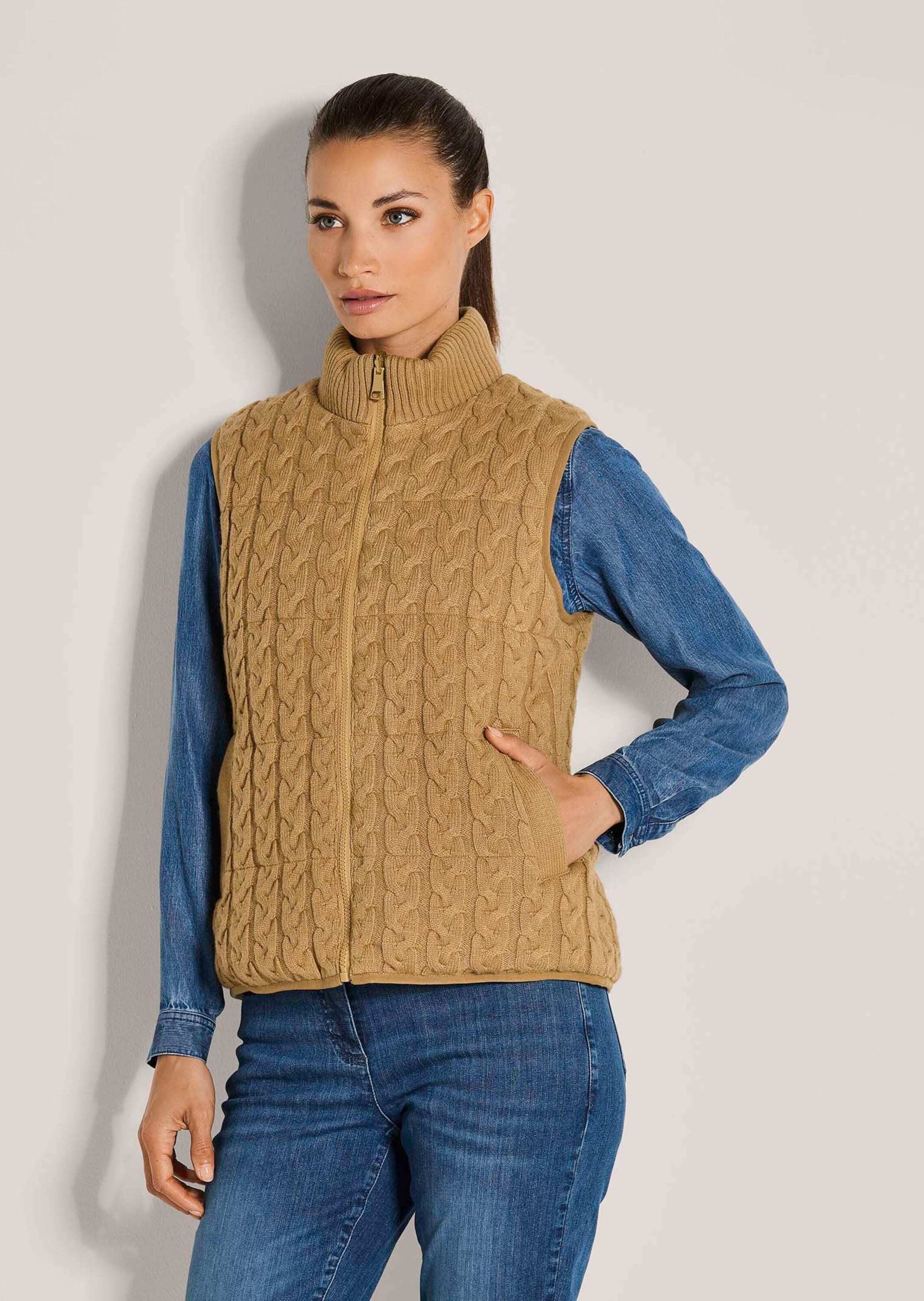 MADELEINE Kurzweste Strickweste mit Zopfmuster Zweifarbige Weste mit Stehkragen und Reißverschluss