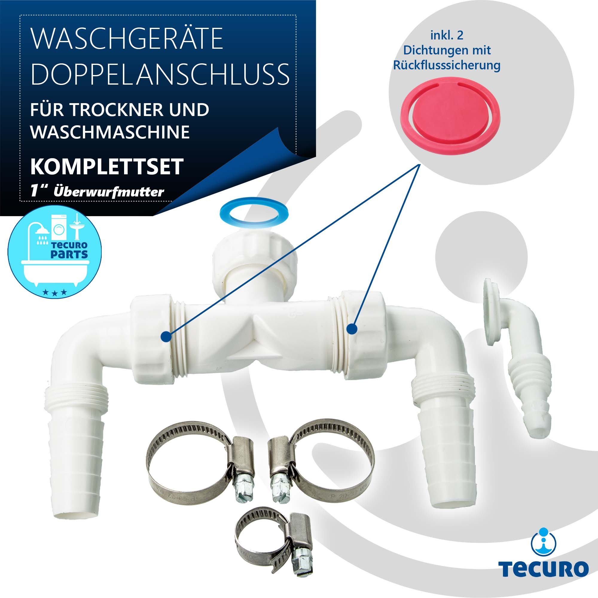 tecuro Siphon Waschgeräte Doppelanschluss für Trockner und Waschmaschine, 1 Zoll ÜWM